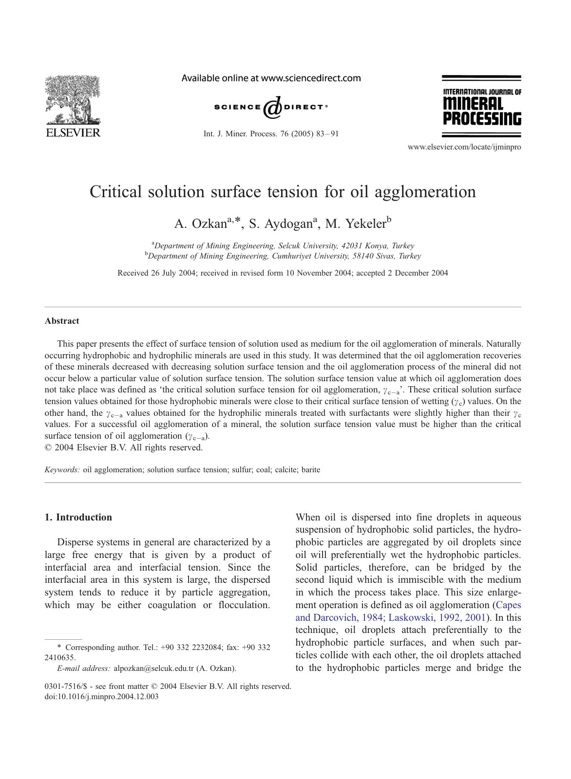 First page of Critical solution surface tension for oi