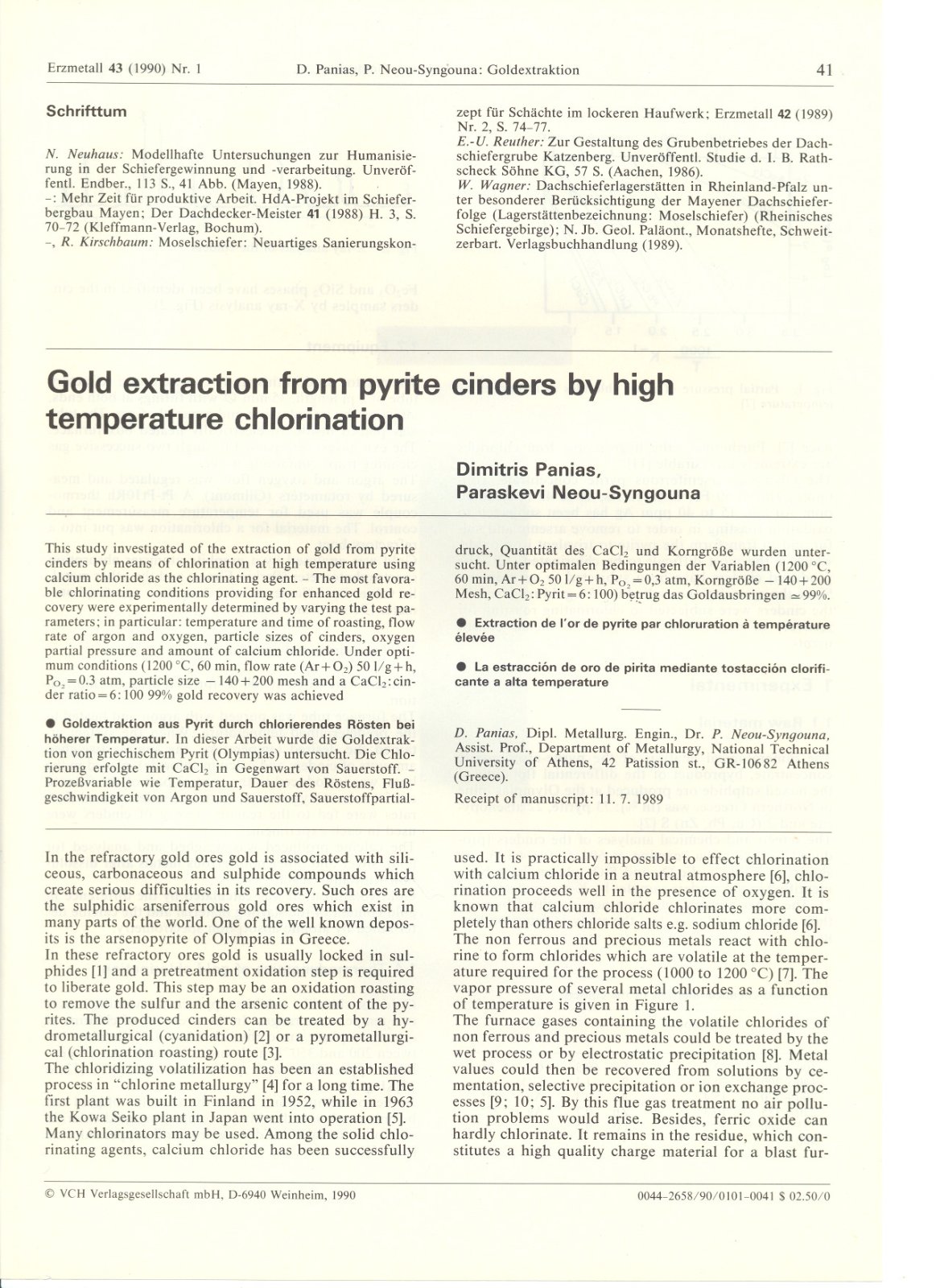 First page of Gold extraction from pyrite cinders by high temperature chlorination