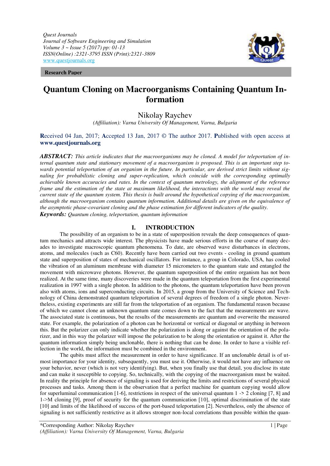 First page of Quantum Cloning on Macroorganisms Contai