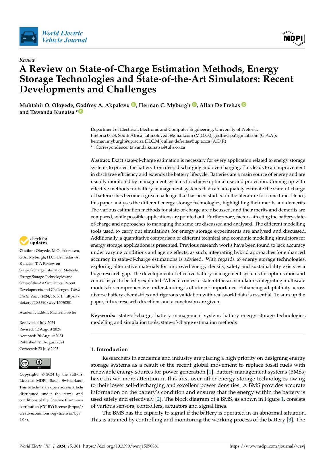 First page of A Review on State-of-Charge Estimation Methods, Energy Storage Technologies and State-of-the-Art Simulators: Recent Developments and Challenges