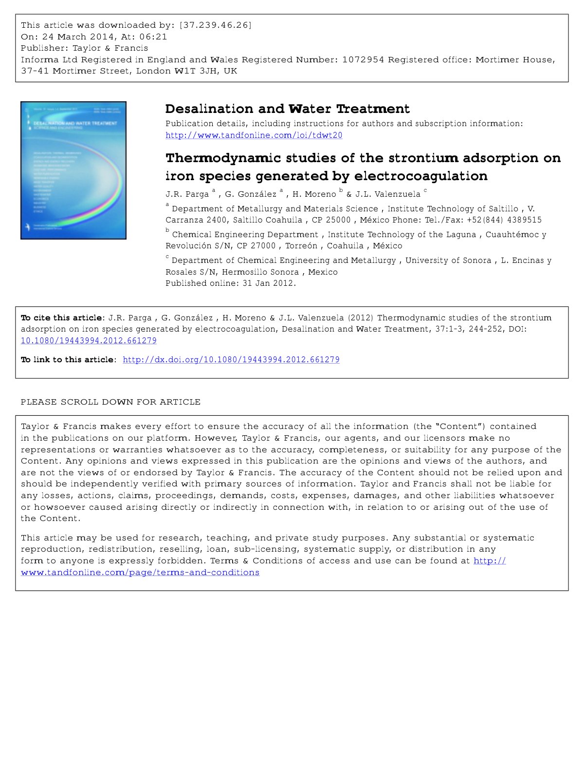 First page of Thermodynamic studies of the strontium adsorption on iron species generated by electrocoagulation
