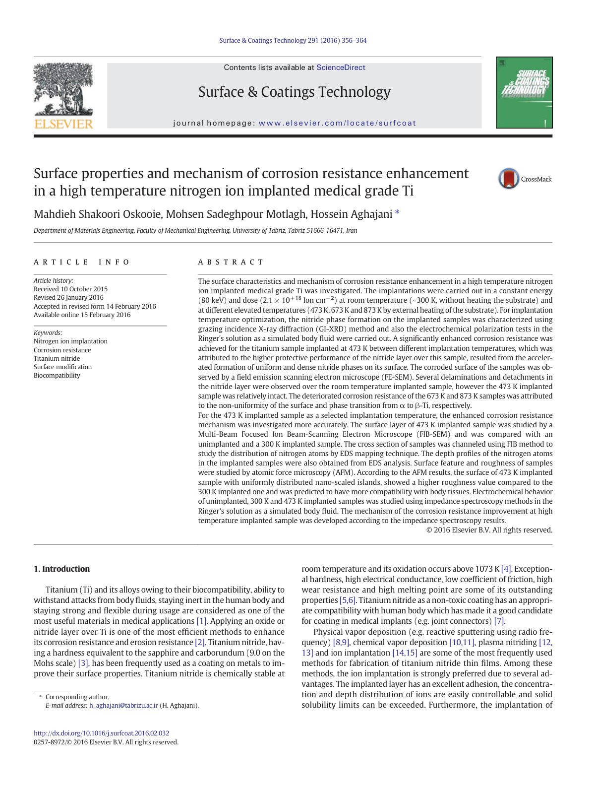 First page of Surface properties and mechanism of corrosion resistance enhancement in a high temperature nitrogen ion implanted medical grade Ti