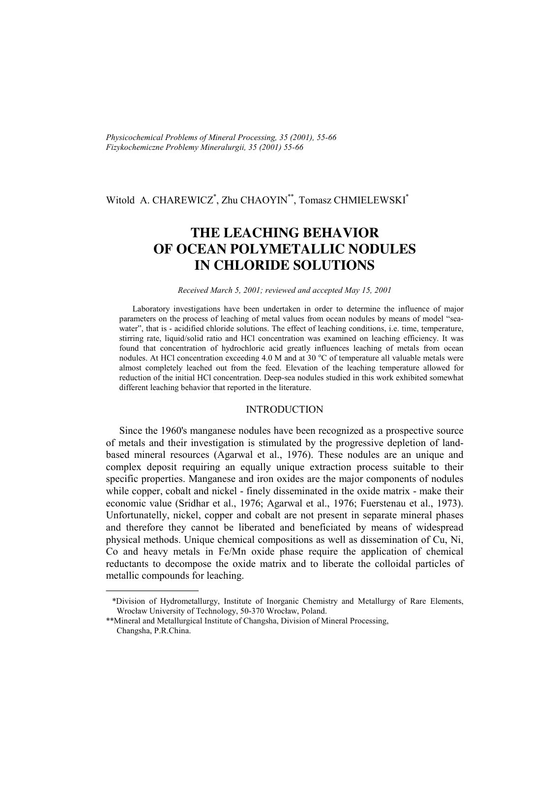 First page of The leaching behavior of ocean polymetallic nodules in chloride solutions