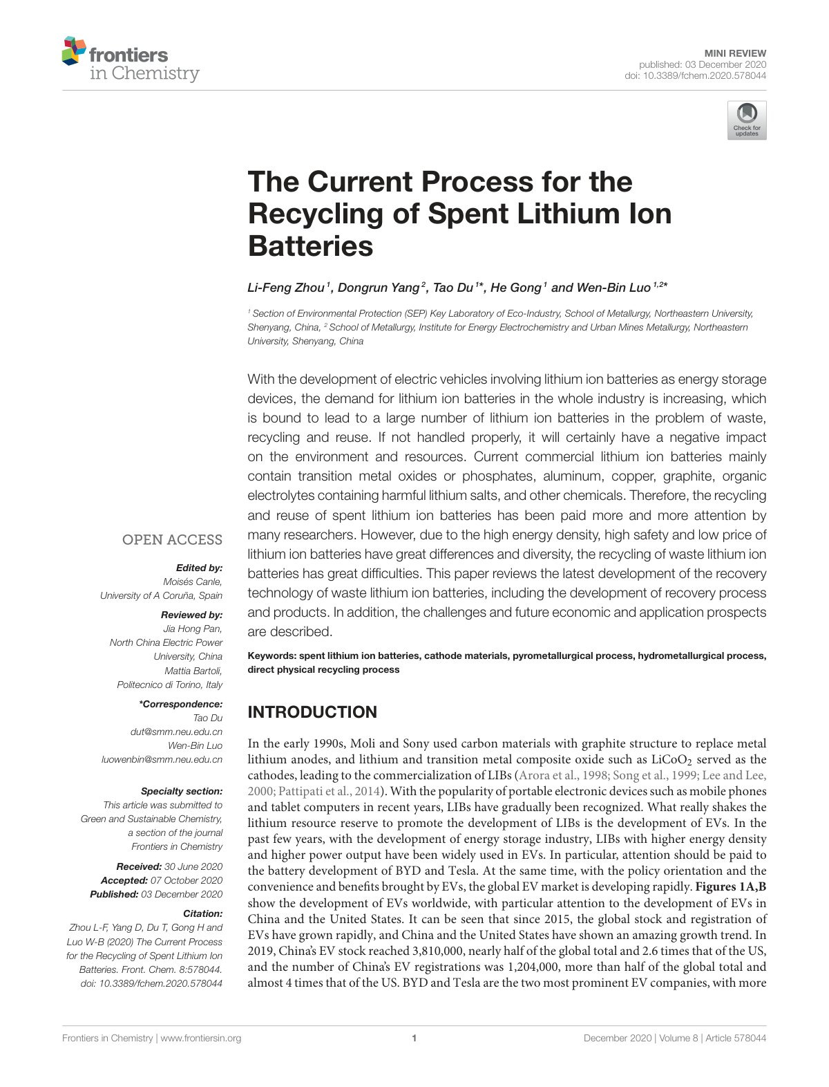 First page of The Current Process for the Recycling of Spent Lithium Ion Batteries