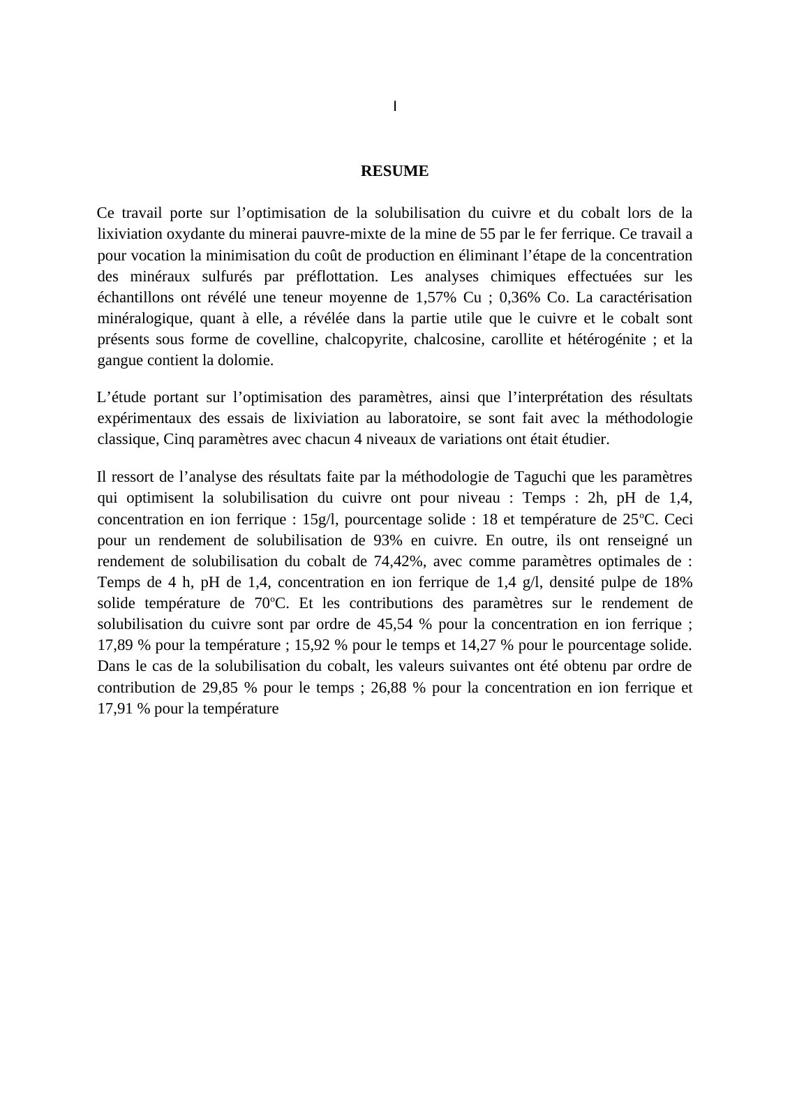 First page of Optimisation de la solubilisation du cuivre et du cobalt lors de la lixiviation oxydante
