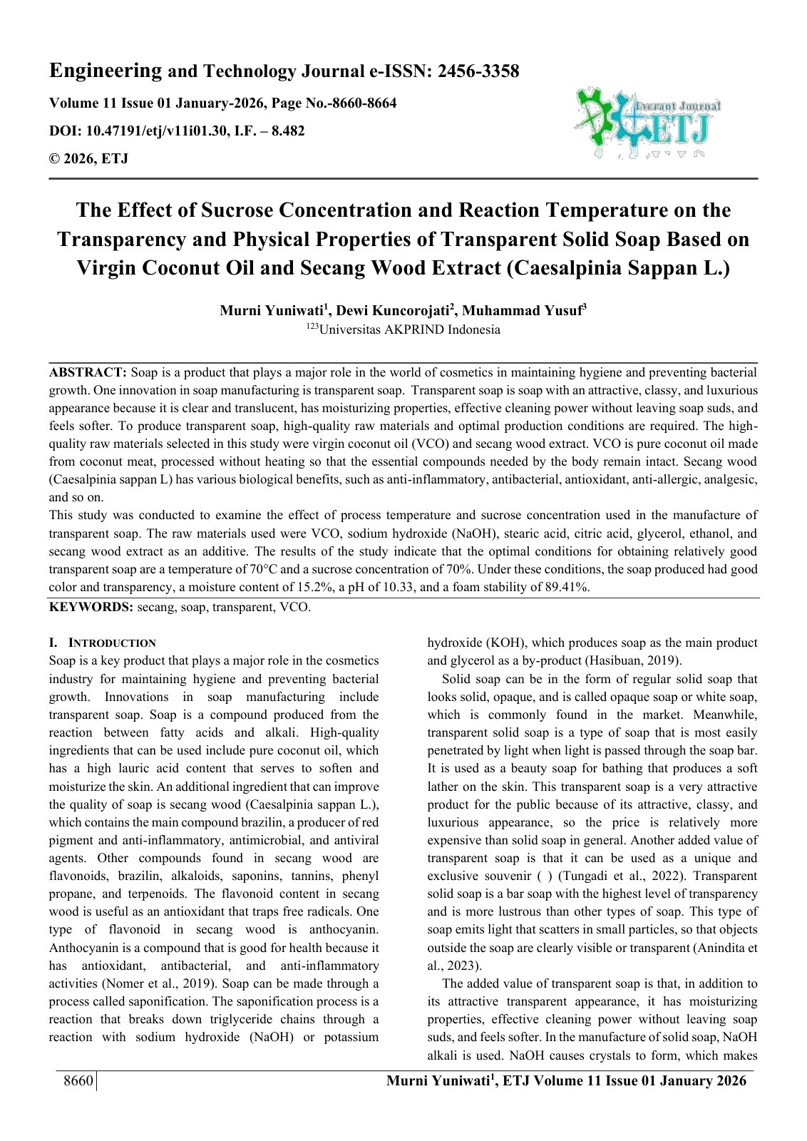First page of The Effect of Sucrose Concentration and Reaction Temperature on the  Transparency and Physical Properties of Transparent Solid Soap Based on  Virgin Coconut Oil and Secang Wood Extract (Caesalpinia Sappan L.)  