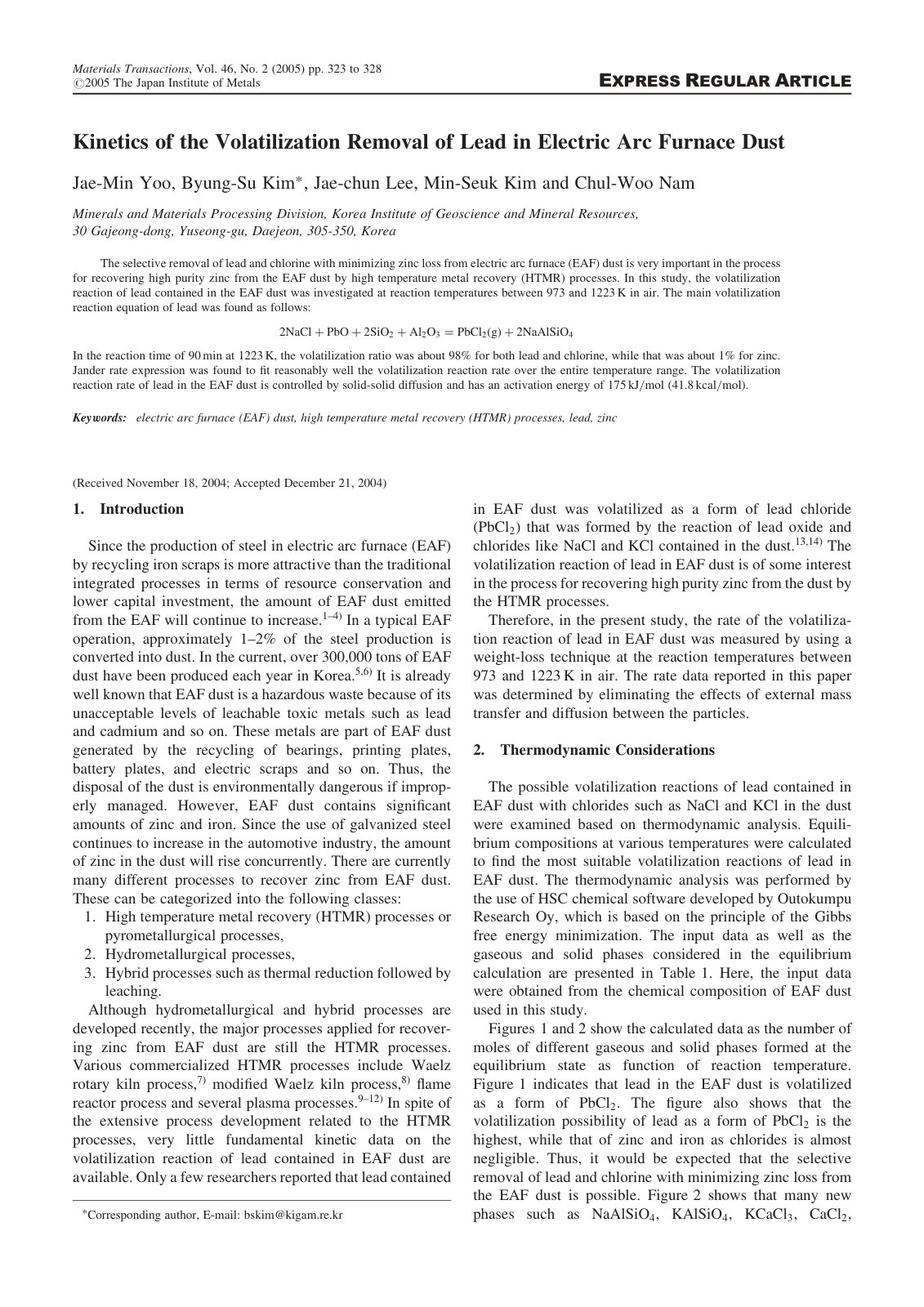 First page of 2005 Jae Min Yoo Kinetics of the Volatilization Removal of Lead in Electric Arc Furnace Dust matertrans.46.323