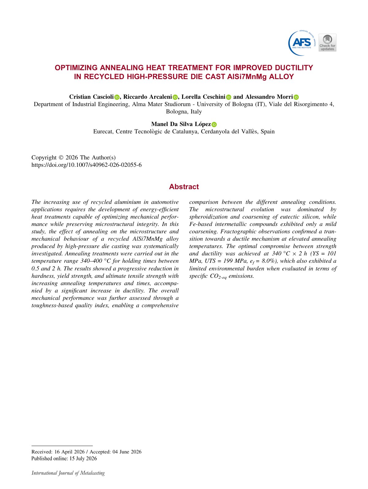 First page of 2026 Cascioli Annealing Recycled AlSi7MnMg