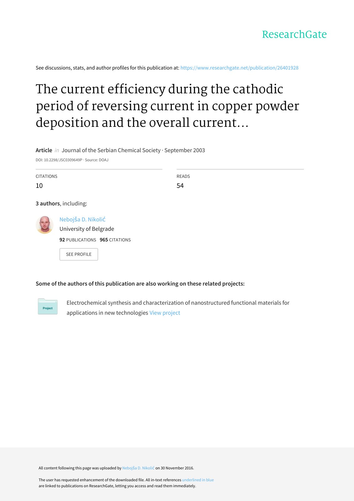 First page of The current efficiency during the cathodic period of reversing current in copper powder deposition and the overall current efficiency