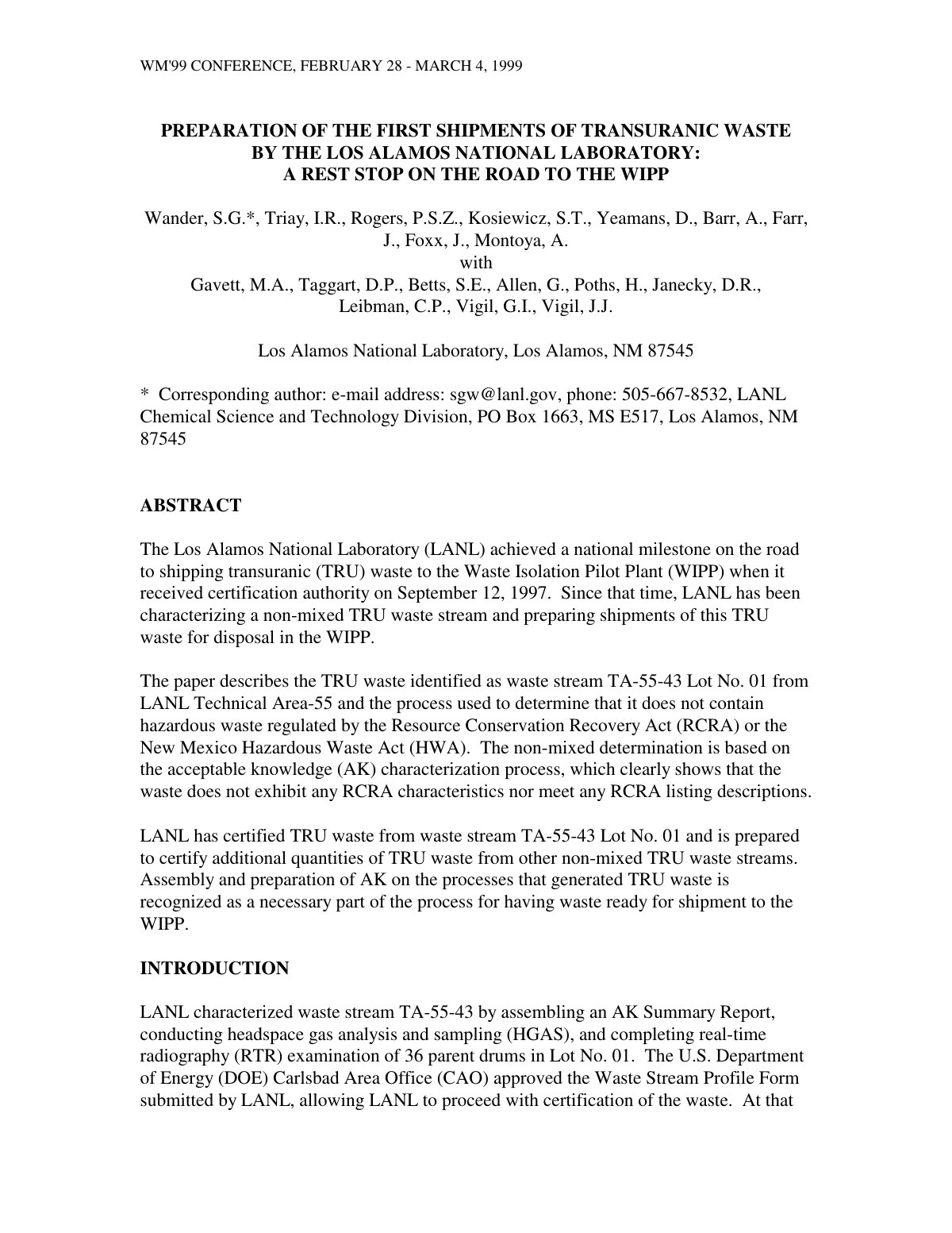 First page of Preparation of the First Shipments of Transuranic Waste by the Los Alamos National Laboratory: A Rest Stop on the Road to the WIPP