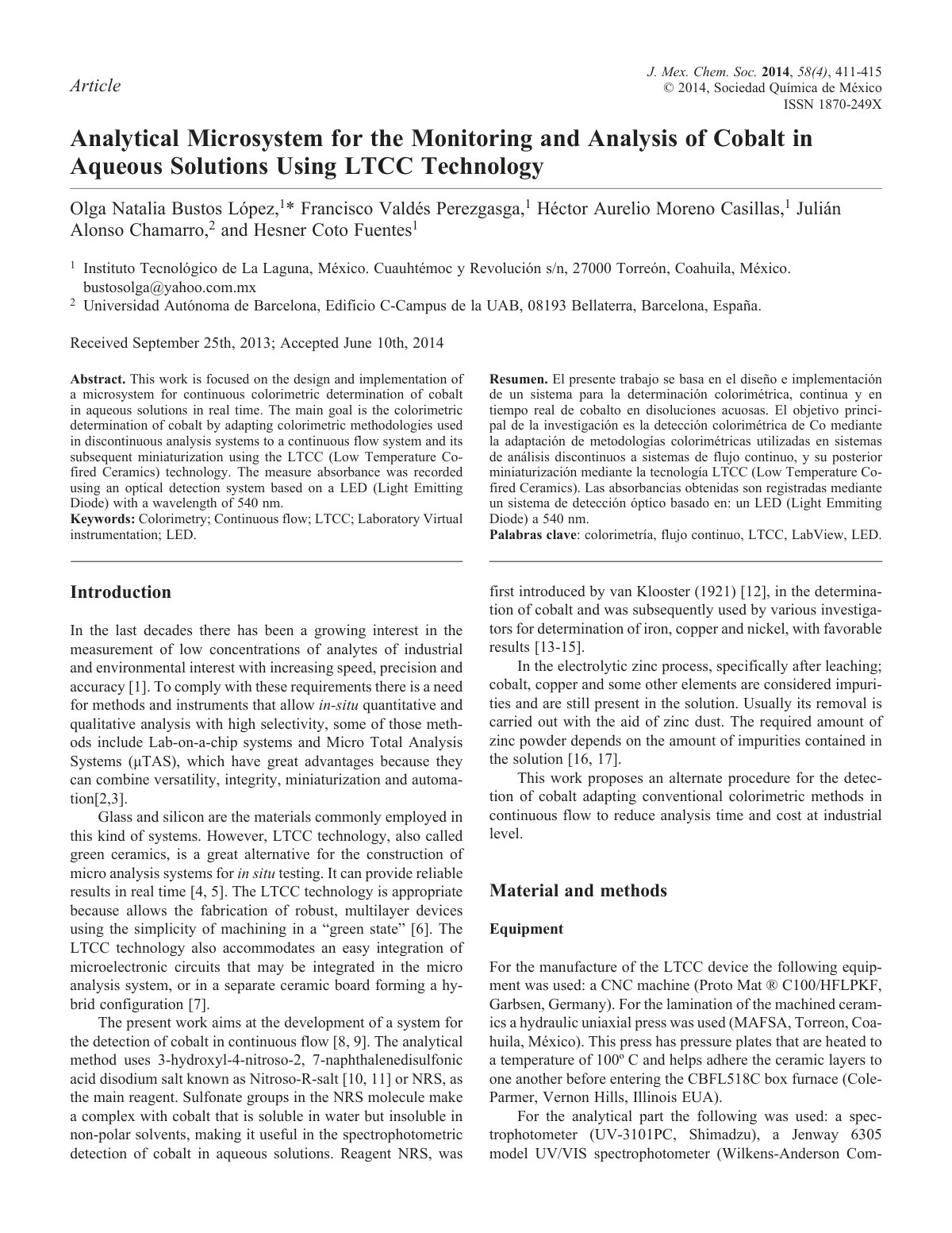 First page of Analytical Microsystem for the Monitoring and Analysis of Cobalt in Aqueous Solutions Using LTCC Technology