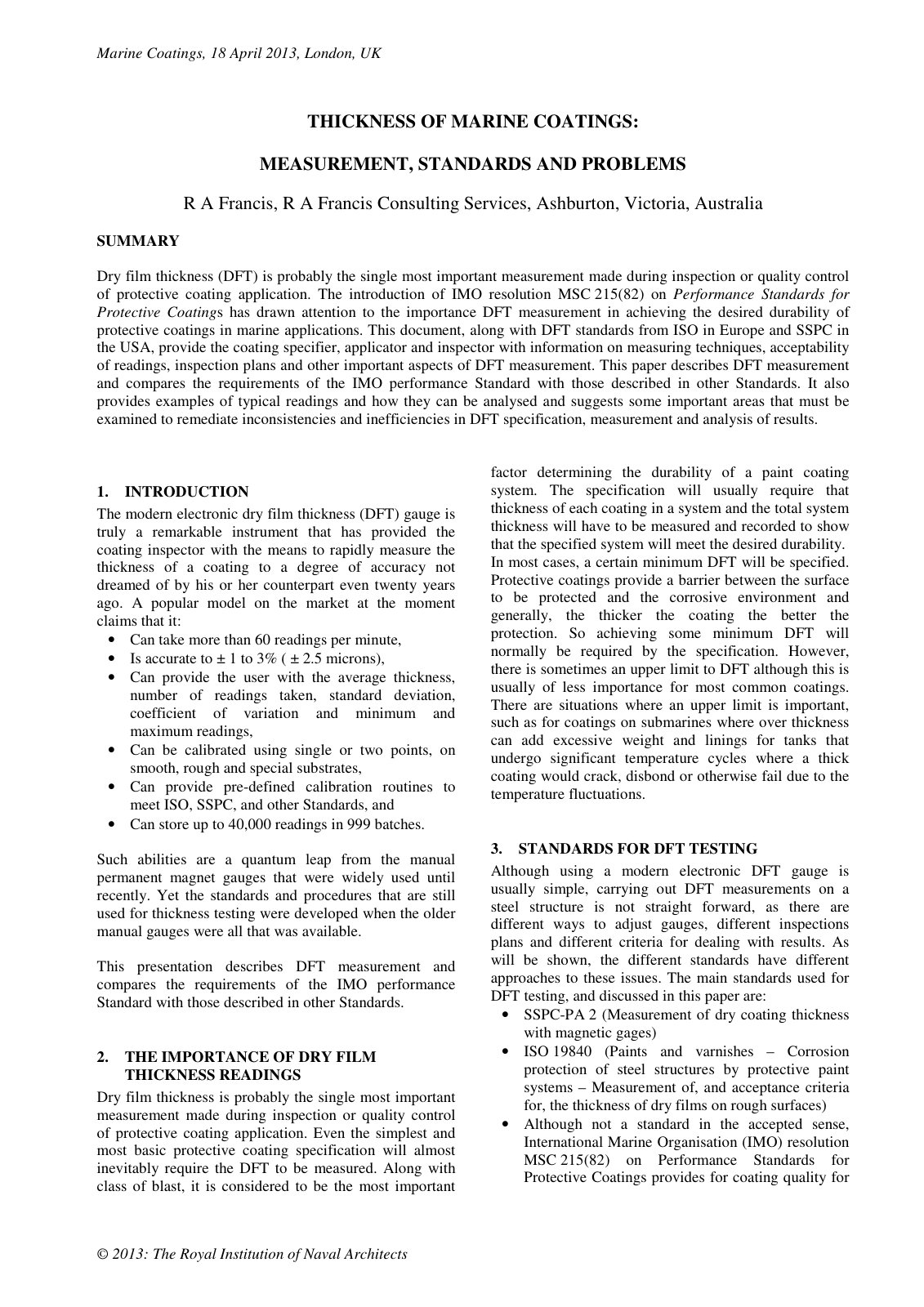 First page of THICKNESS OF MARINE COATINGS: MEASUREMENT, STANDARDS AND PROBLEMS