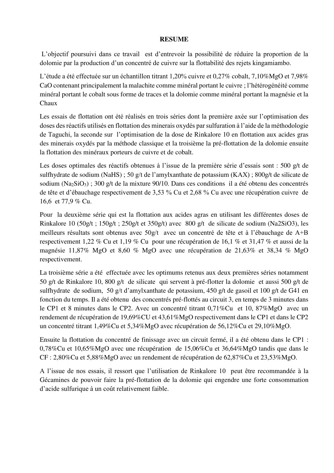 First page of Optimisation de la flottation des minerais oxydés de cuivre et de cobalt