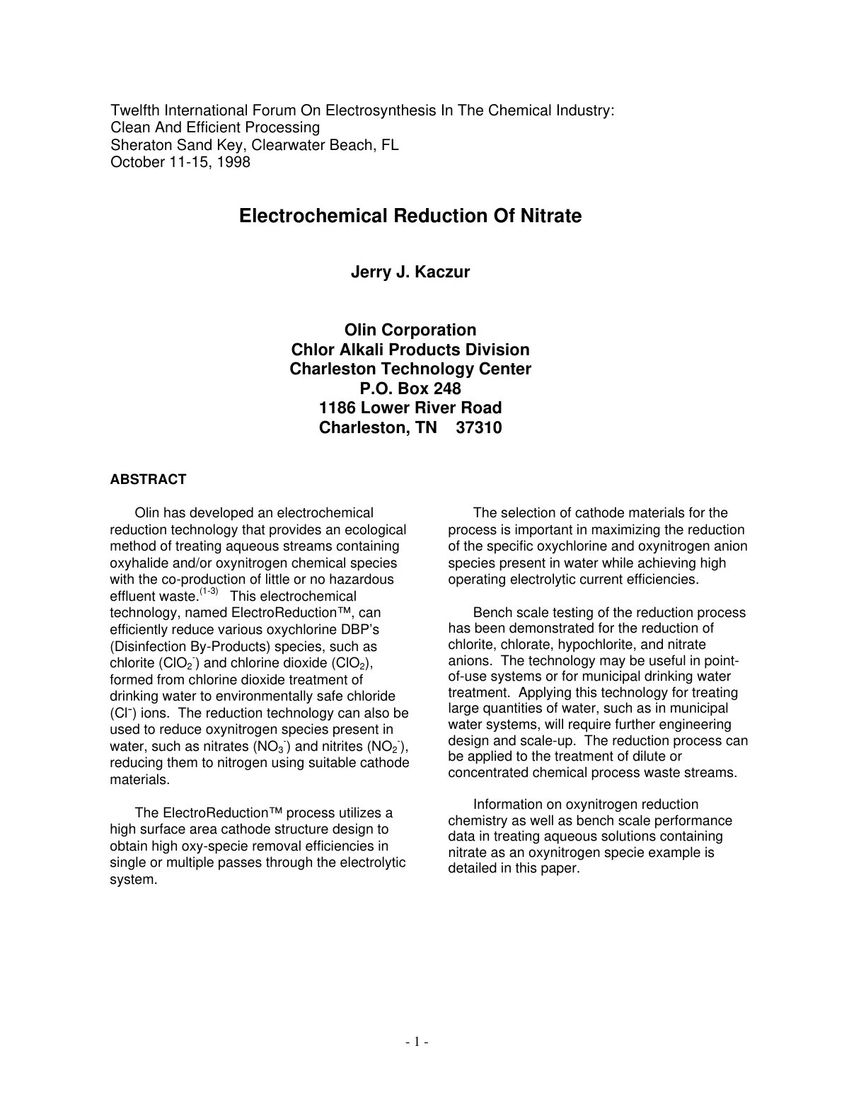 First page of Electrochemical Reduction Of Nitrate