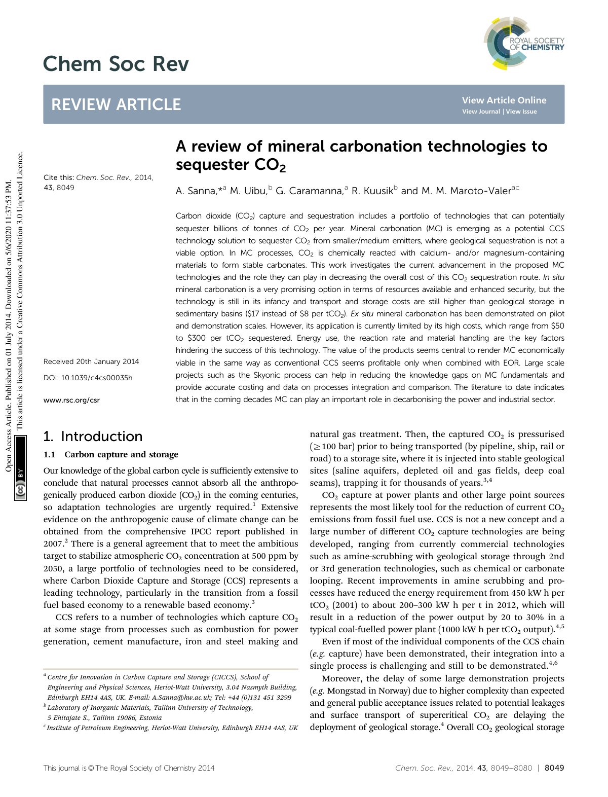 First page of A review of mineral carbonation technolo