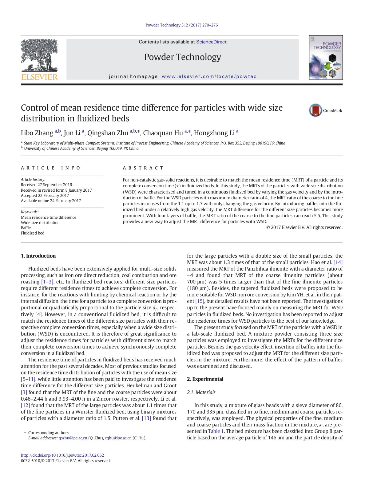 First page of Control of mean residence time difference for particles with wide size distribution in fluidized beds