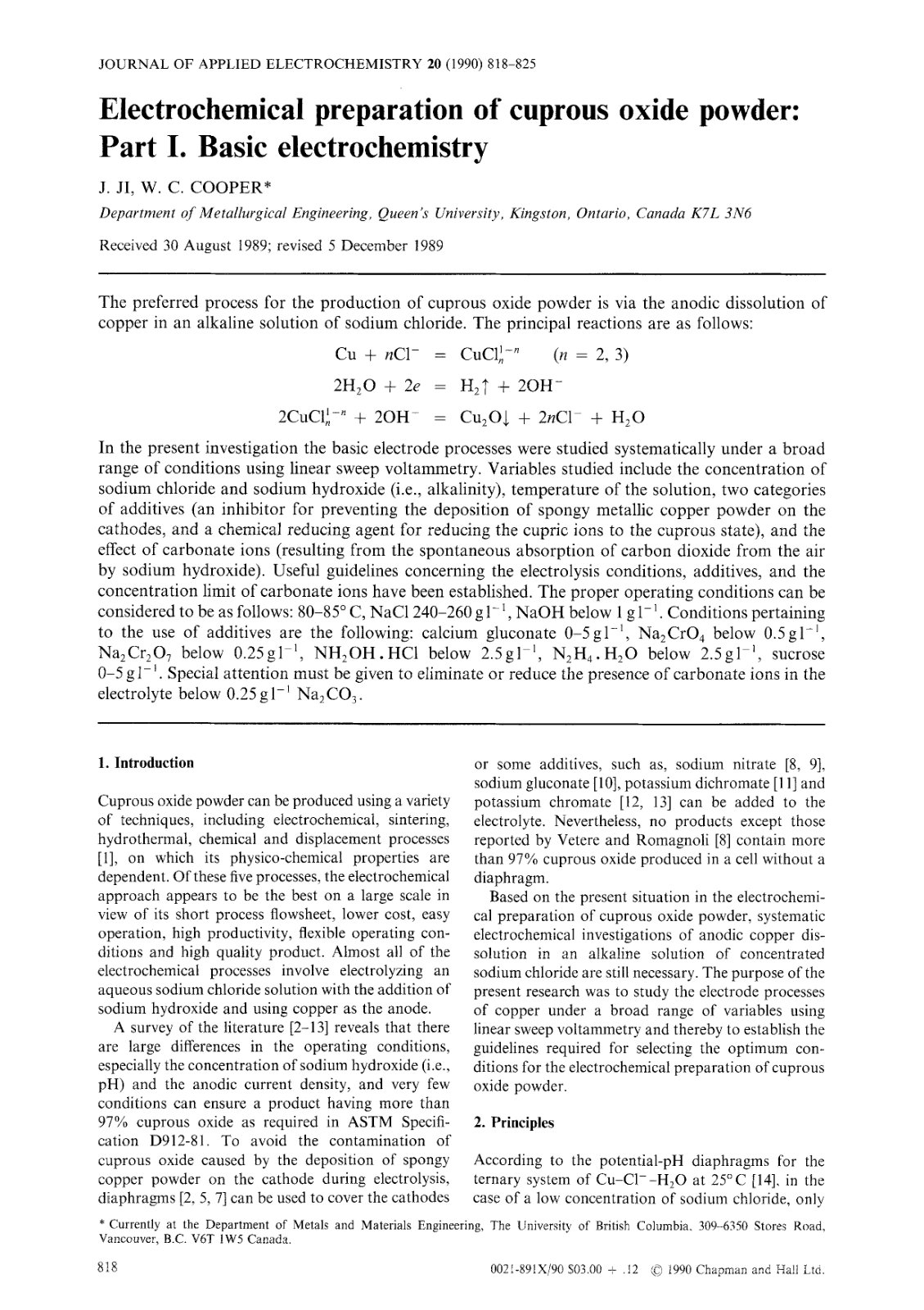 First page of Electrochemical preparation of cuprous o