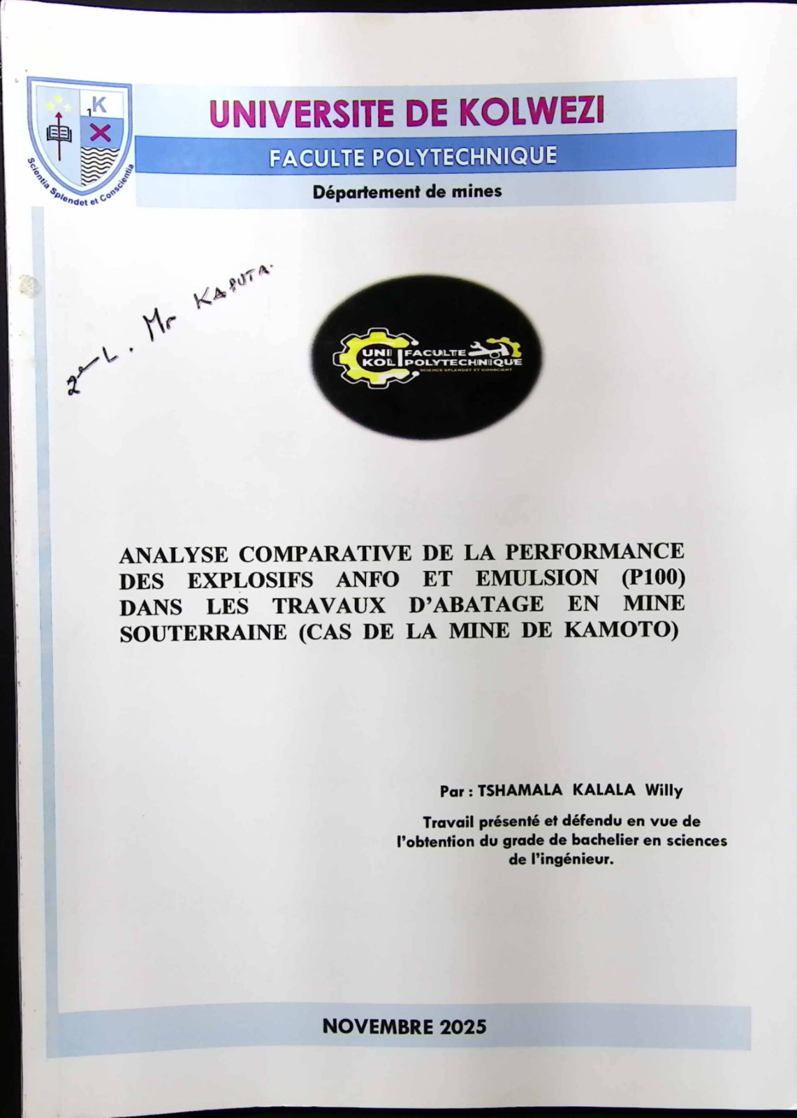 First page of ANALYSE COMPARATIVE DE LA PERFORMANCE DES EXPLOSIFS ANFO ET EMULSION (P100) DANS LES TRAVAUX D’ABATAGE EN MINE SOUTERRAINE (CAS DE LA MINE DE KAMOTO)