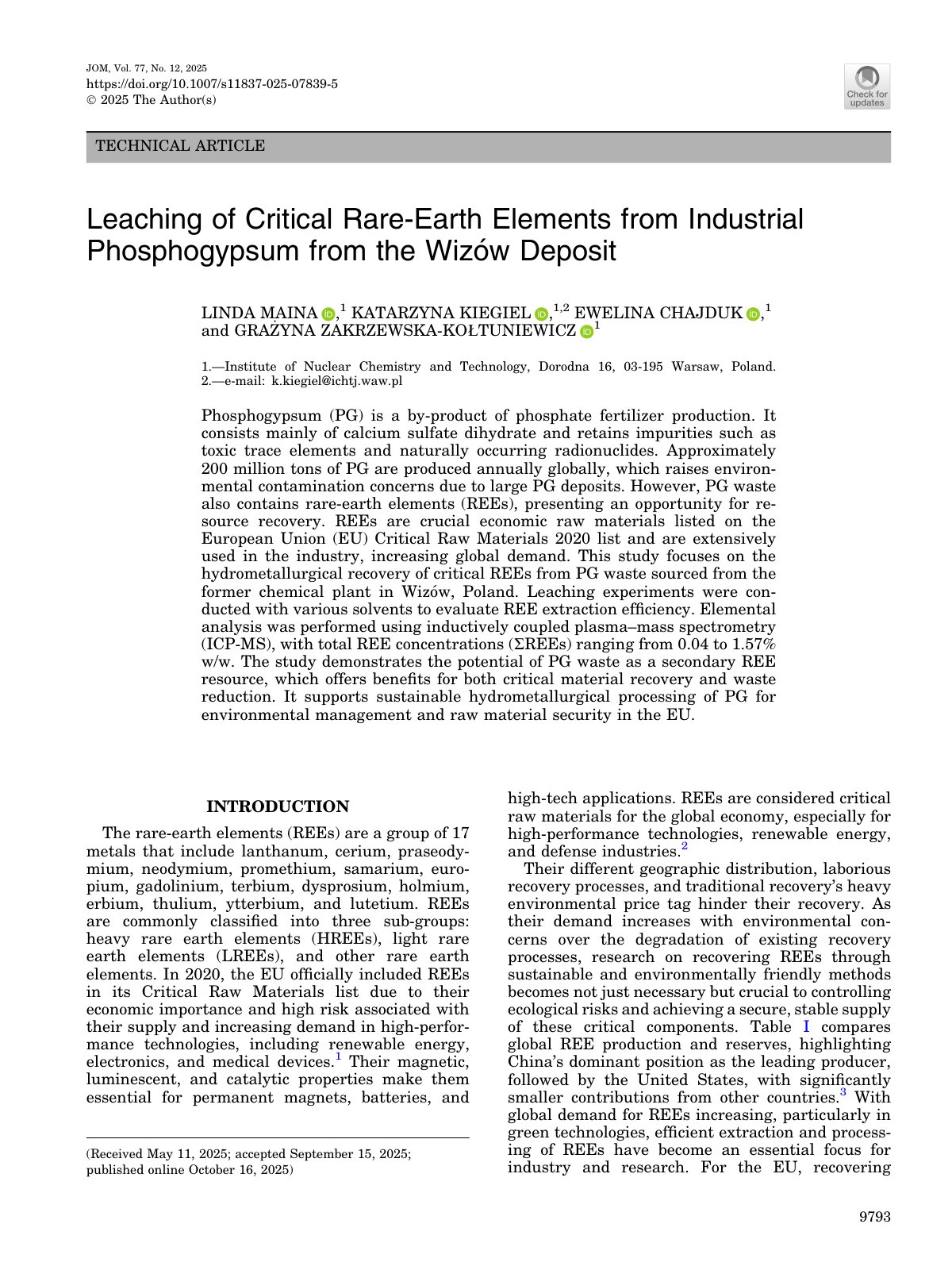 First page of 2025   Maina   REE Leaching from Phosphogypsum