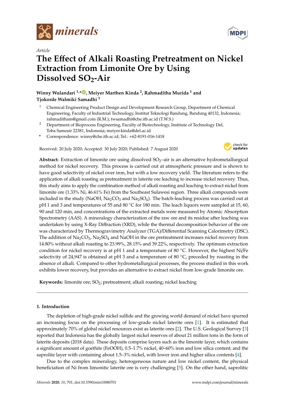 First page of The Effect of Alkali Roasting Pretreatment on Nickel Extraction from Limonite Ore by Using Dissolved SO2-Air
