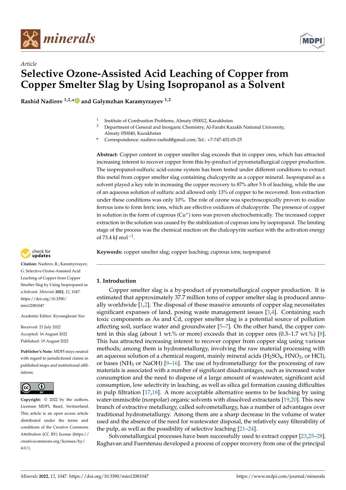 First page of Selective Ozone Assisted Acid Leaching o