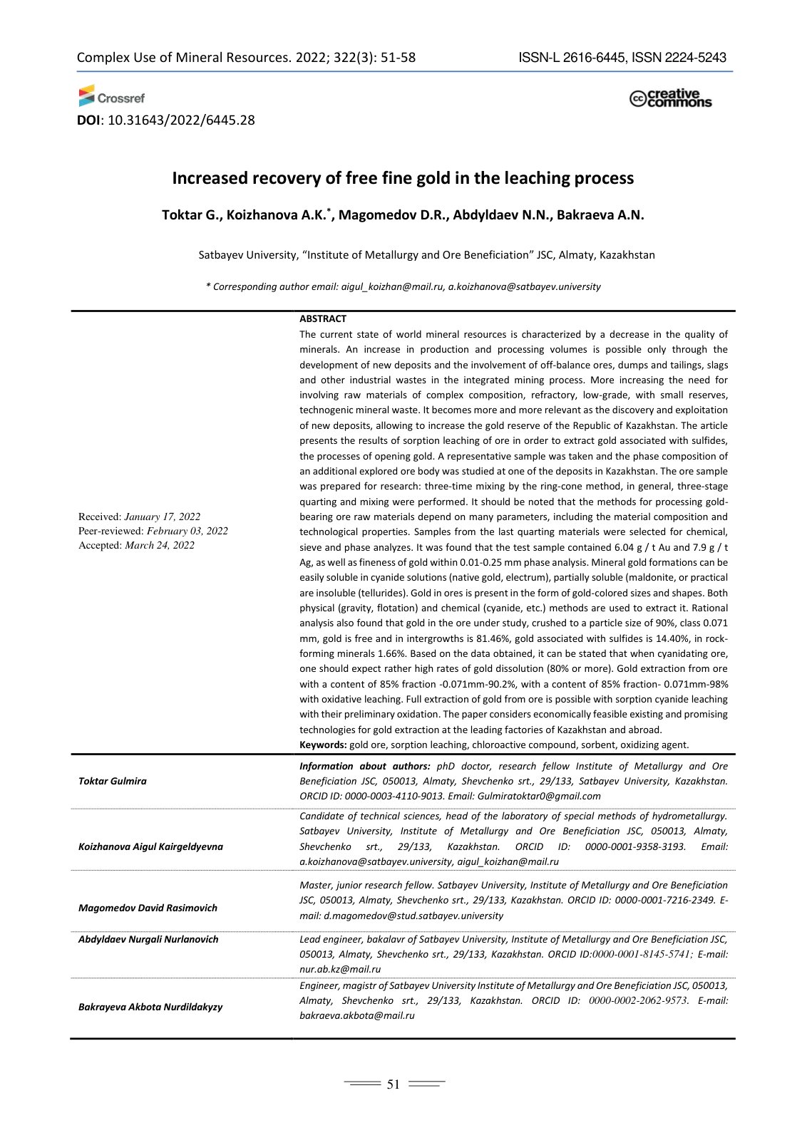 First page of Increased recovery of free fine gold in