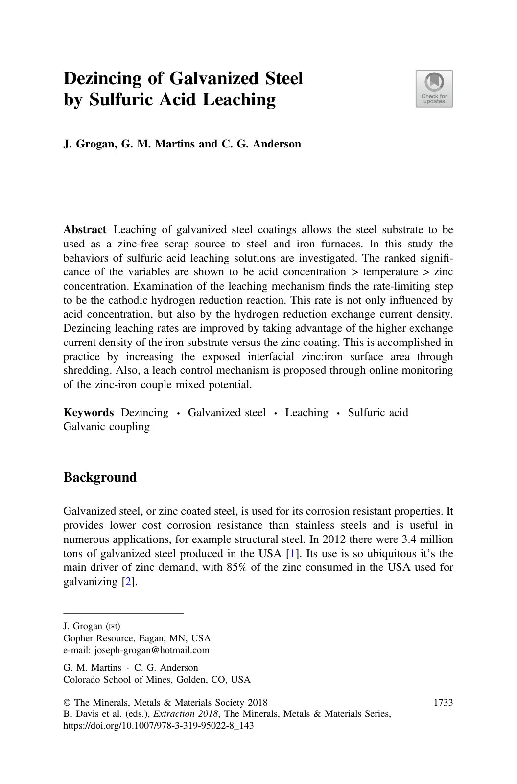 First page of Dezincing of Galvanized Steel by Sulfuri