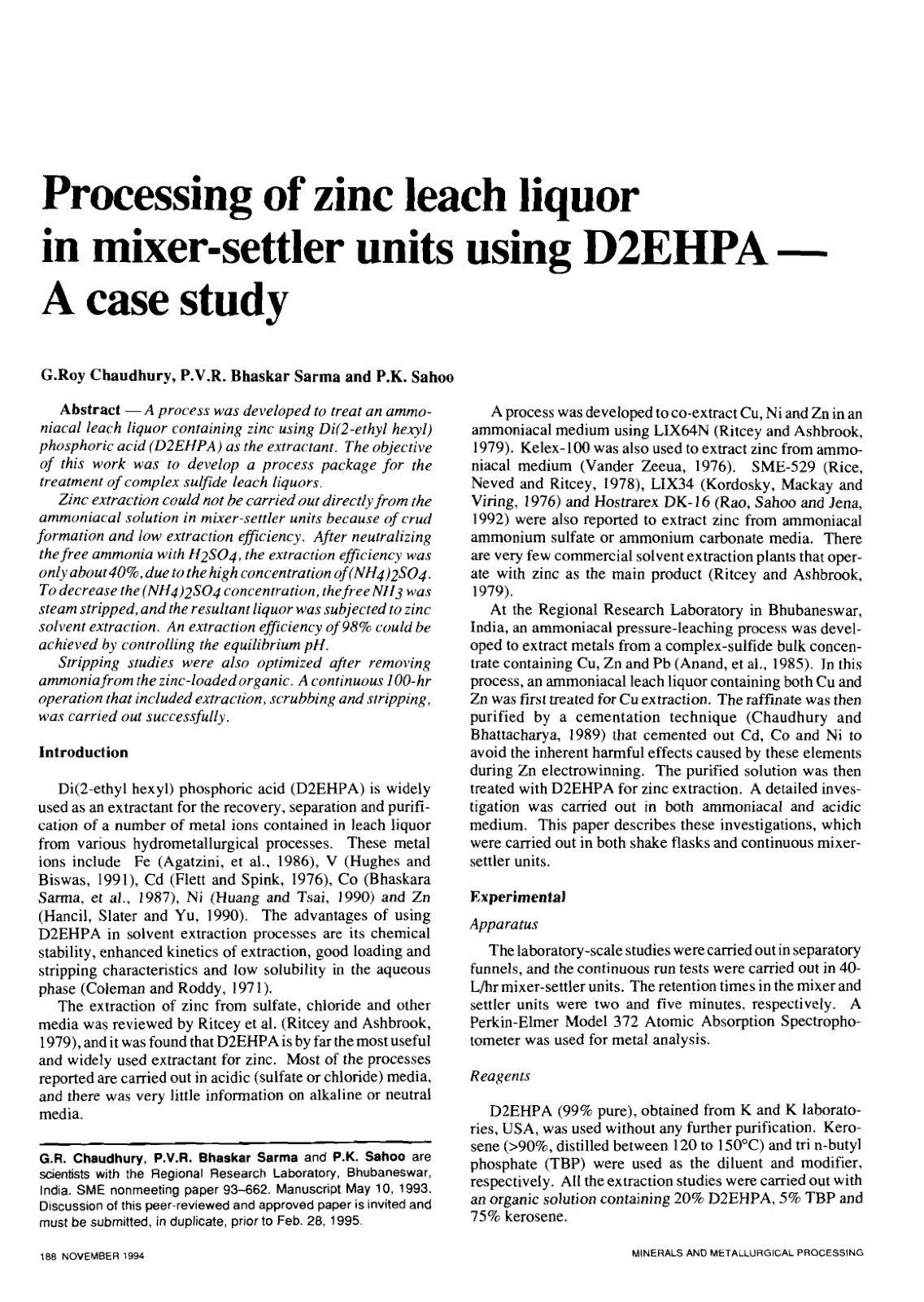 First page of Processing of zinc leach liquor in mixer settler units using D2EHPA