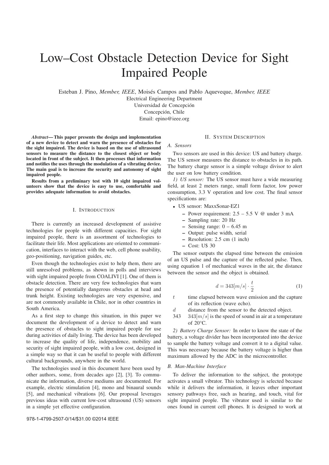 First page of Low cost obstacle detection device for s