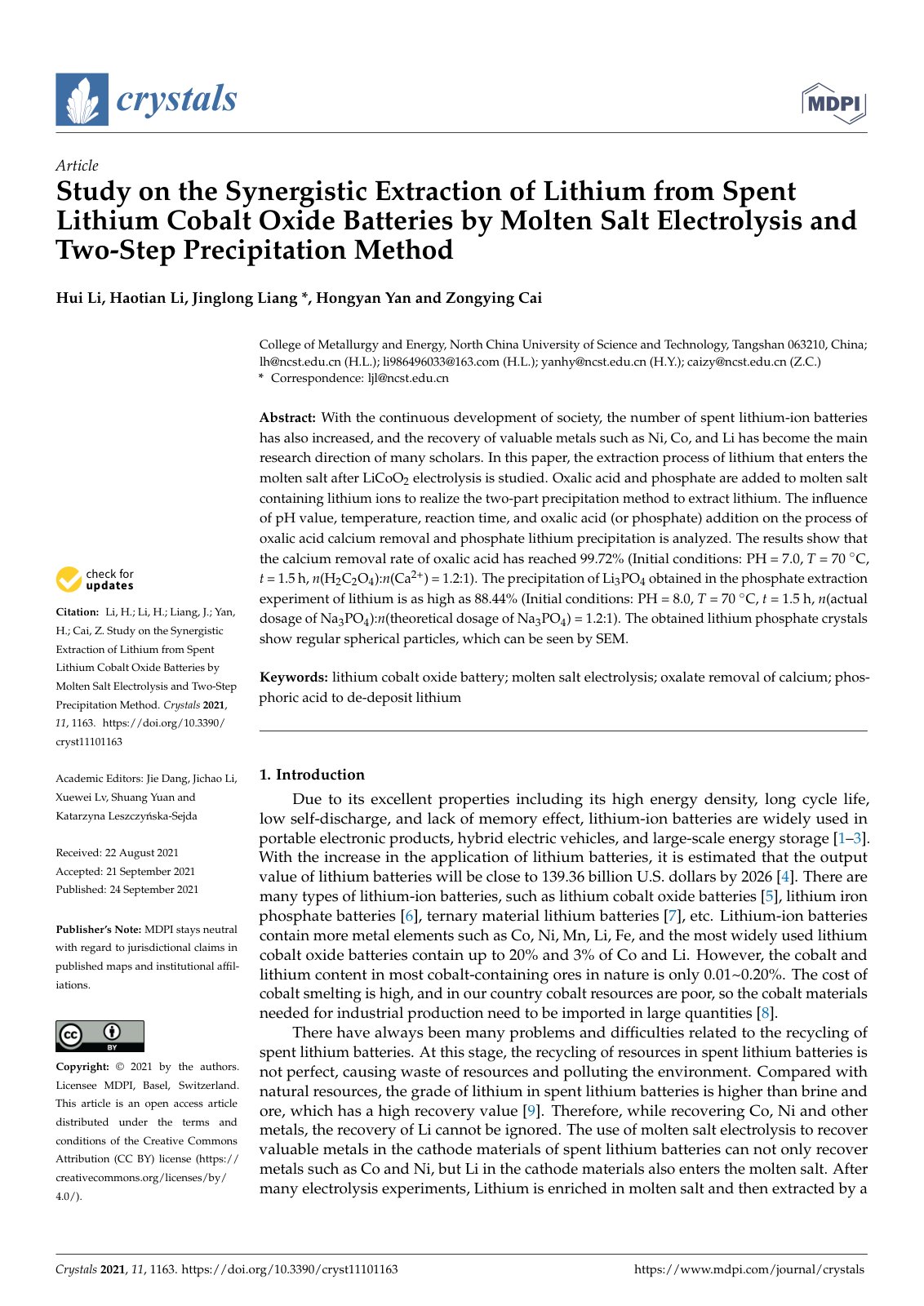 First page of Study on the Synergistic Extraction of Lithium from Spent Lithium Cobalt Oxide Batteries by Molten Salt Electrolysis and Two-Step Precipitation Method