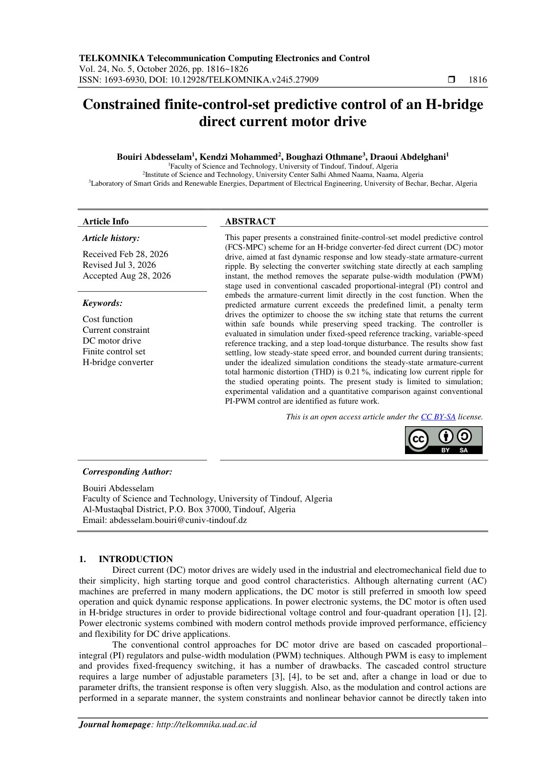 First page of Constrained finite-control-set predictive control of an H-bridge direct current motor drive