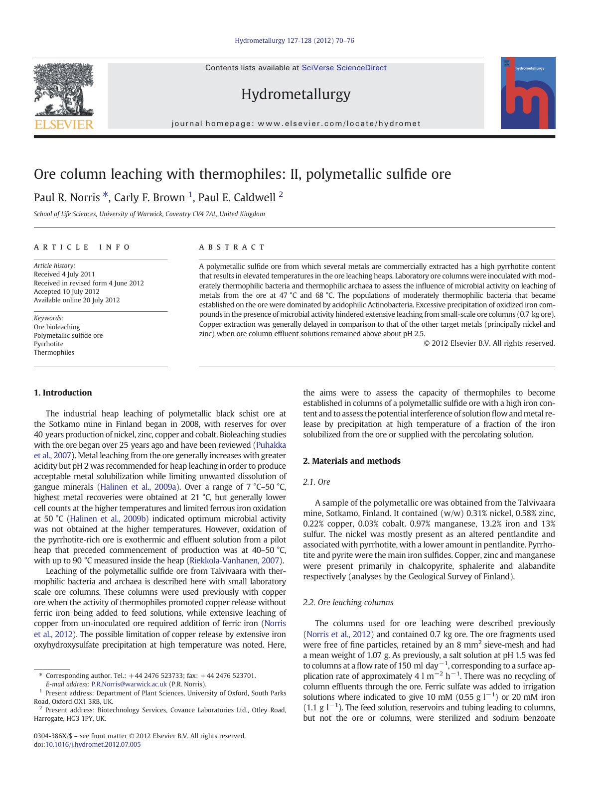 First page of Ore column leaching with thermophiles II