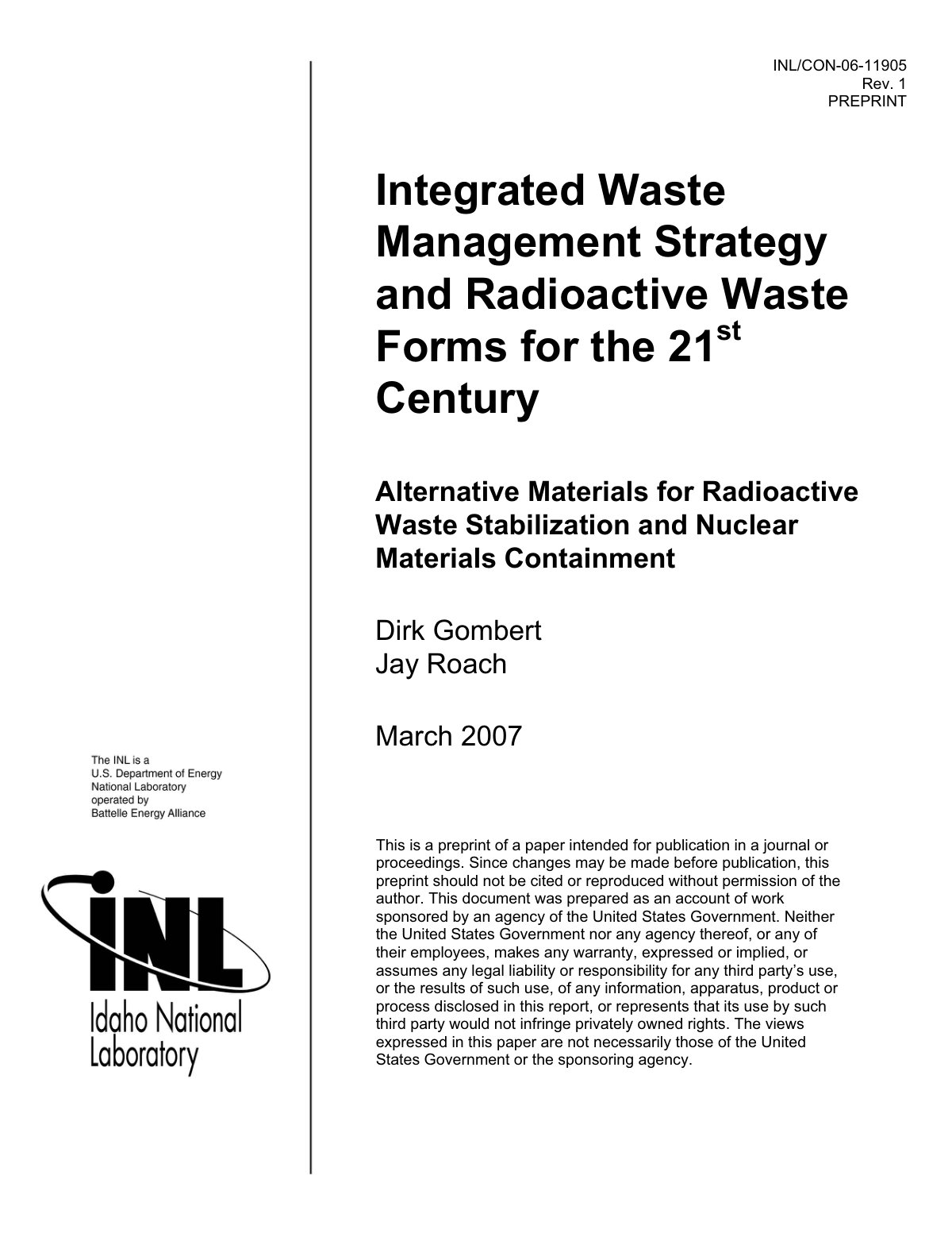 First page of Integrated Waste Management Strategy and Radioactive Waste Forms for the 21st Century