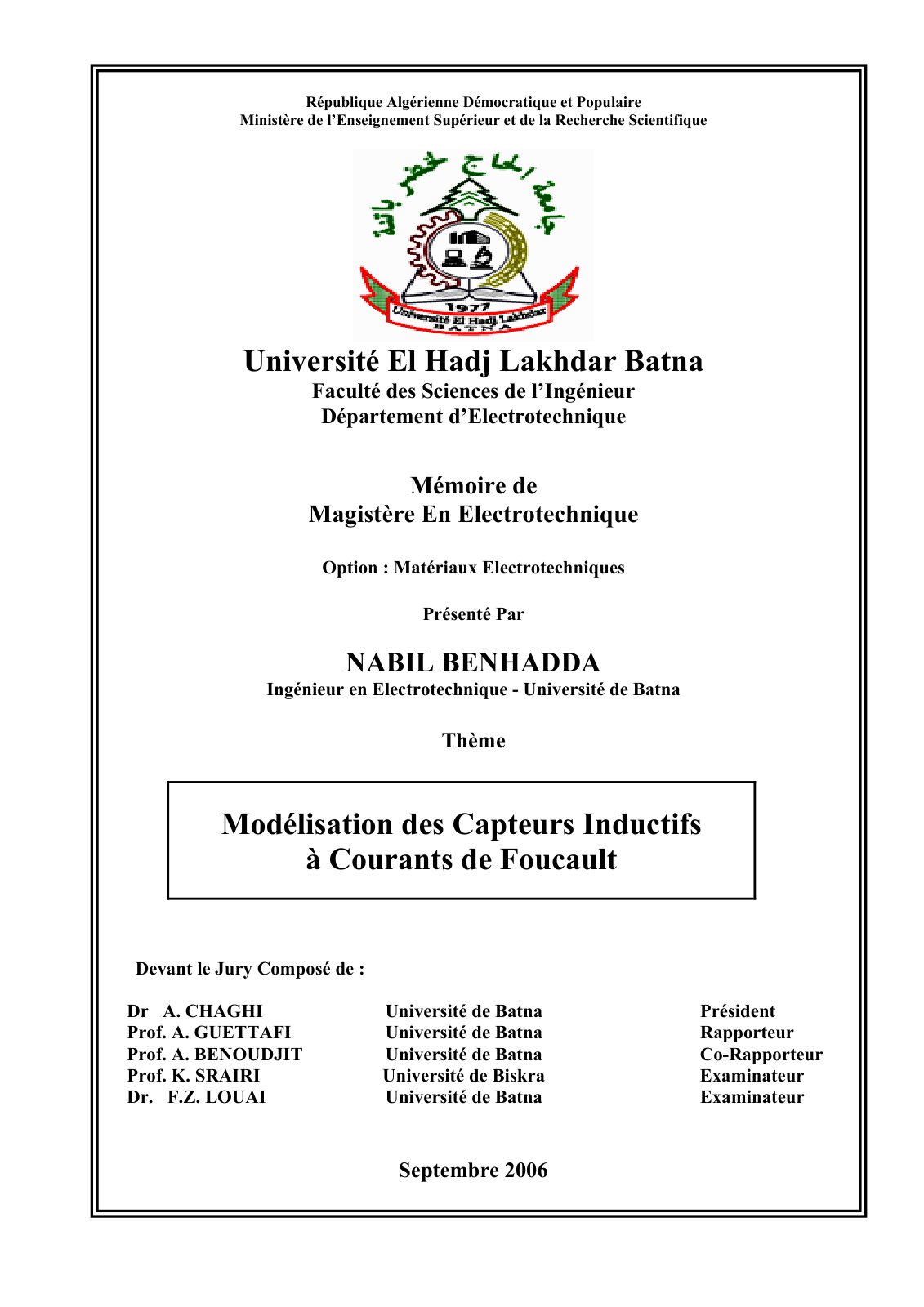 First page of Modélisation des Capteurs Inductifs à Courants de Foucault