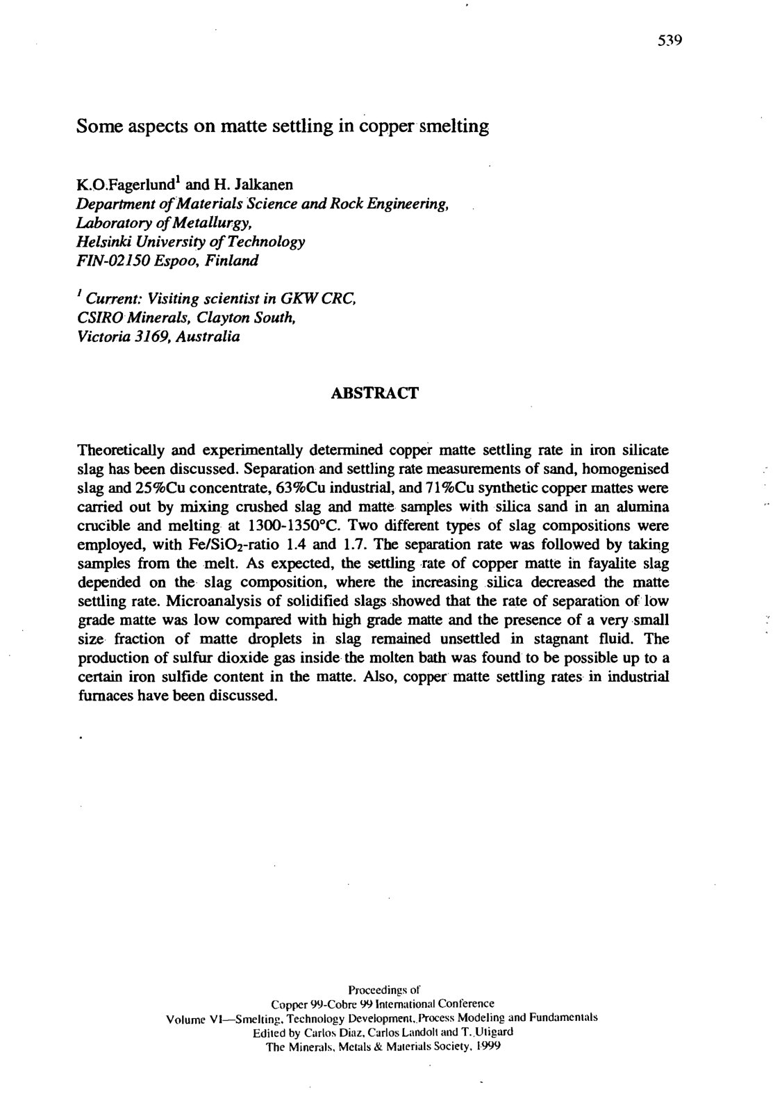 First page of Some aspects on matte settling in copper smelting