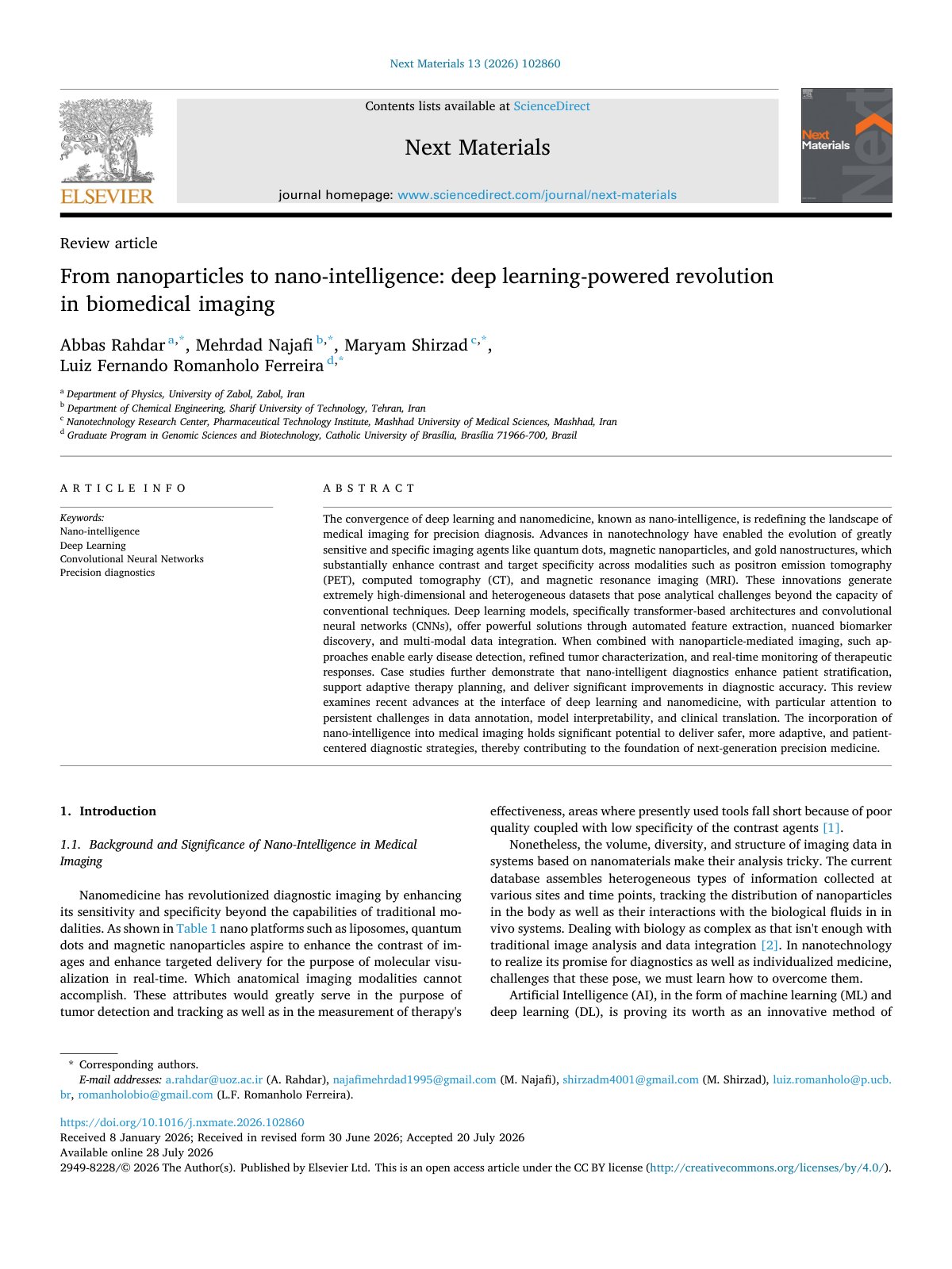 First page of From nanoparticles to nano intelligence  deep learning powered 2026 Next Mat