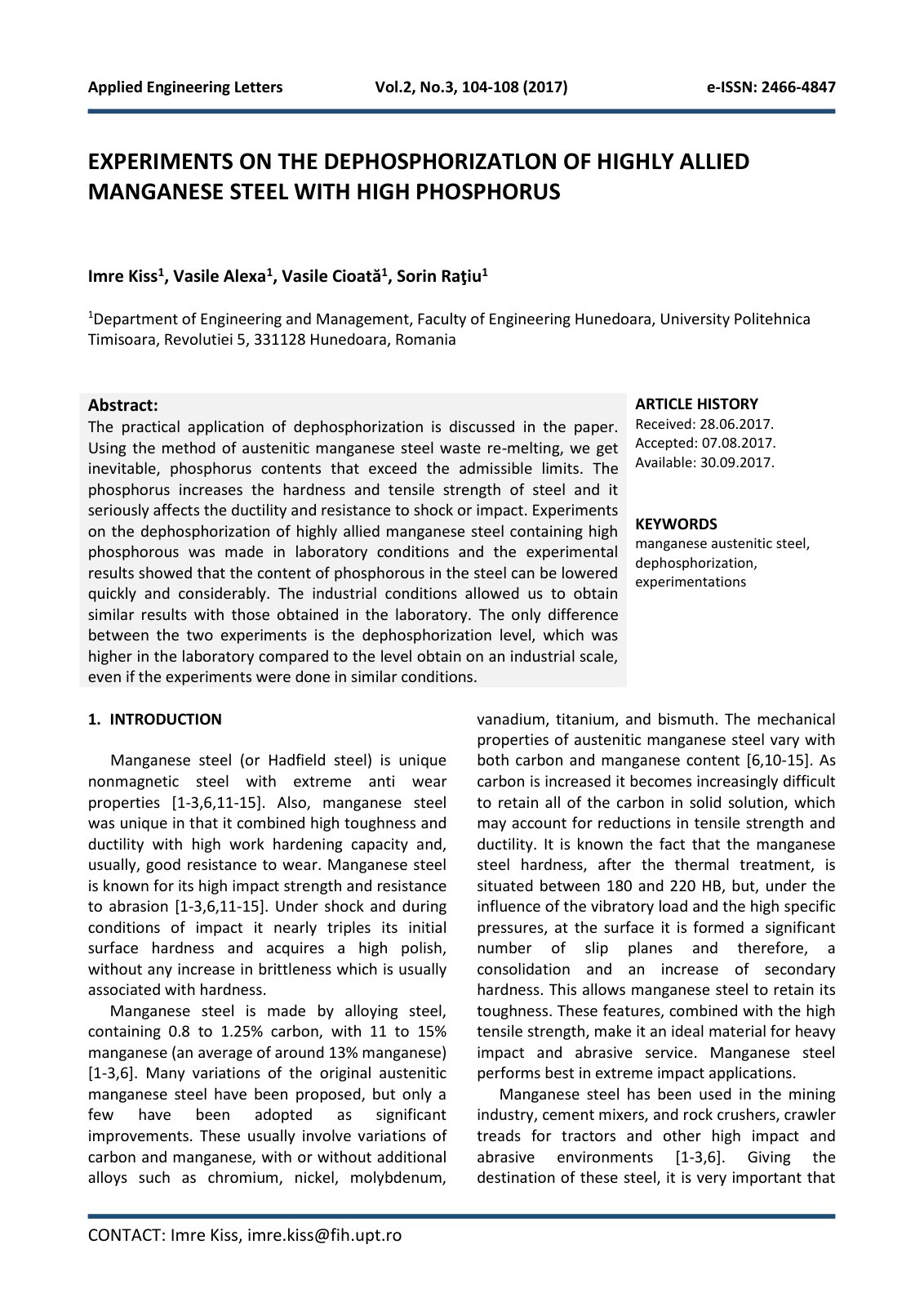 First page of EXPERIMENTS ON THE DEPHOSPHORIZATLON OF HIGHLY ALLIED MANGANESE STEEL WITH HIGH PHOSPHORUS