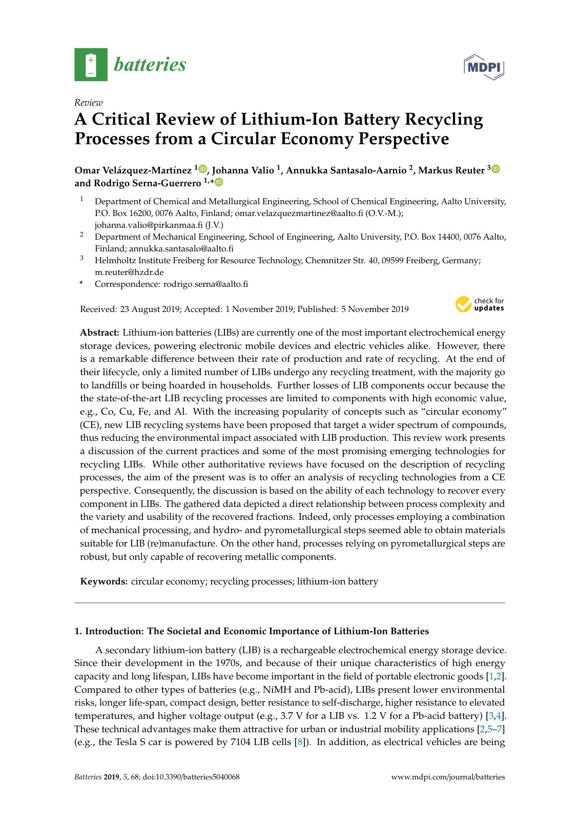 First page of A Critical Review of Lithium-Ion Battery Recycling Processes from a Circular Economy Perspective