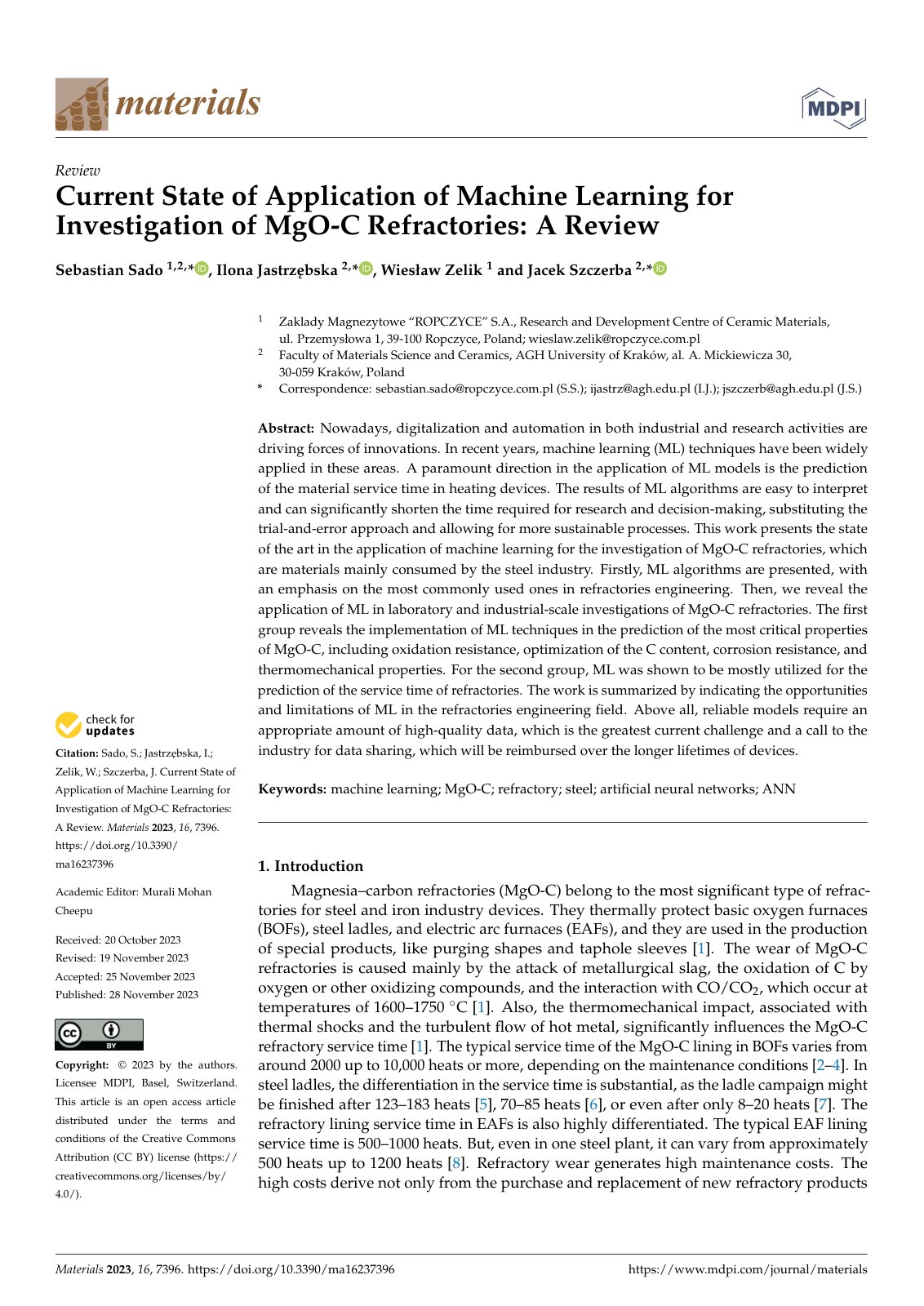 First page of Current State of Application of Machine Learning for Investigation of MgO-C Refractories: A Review