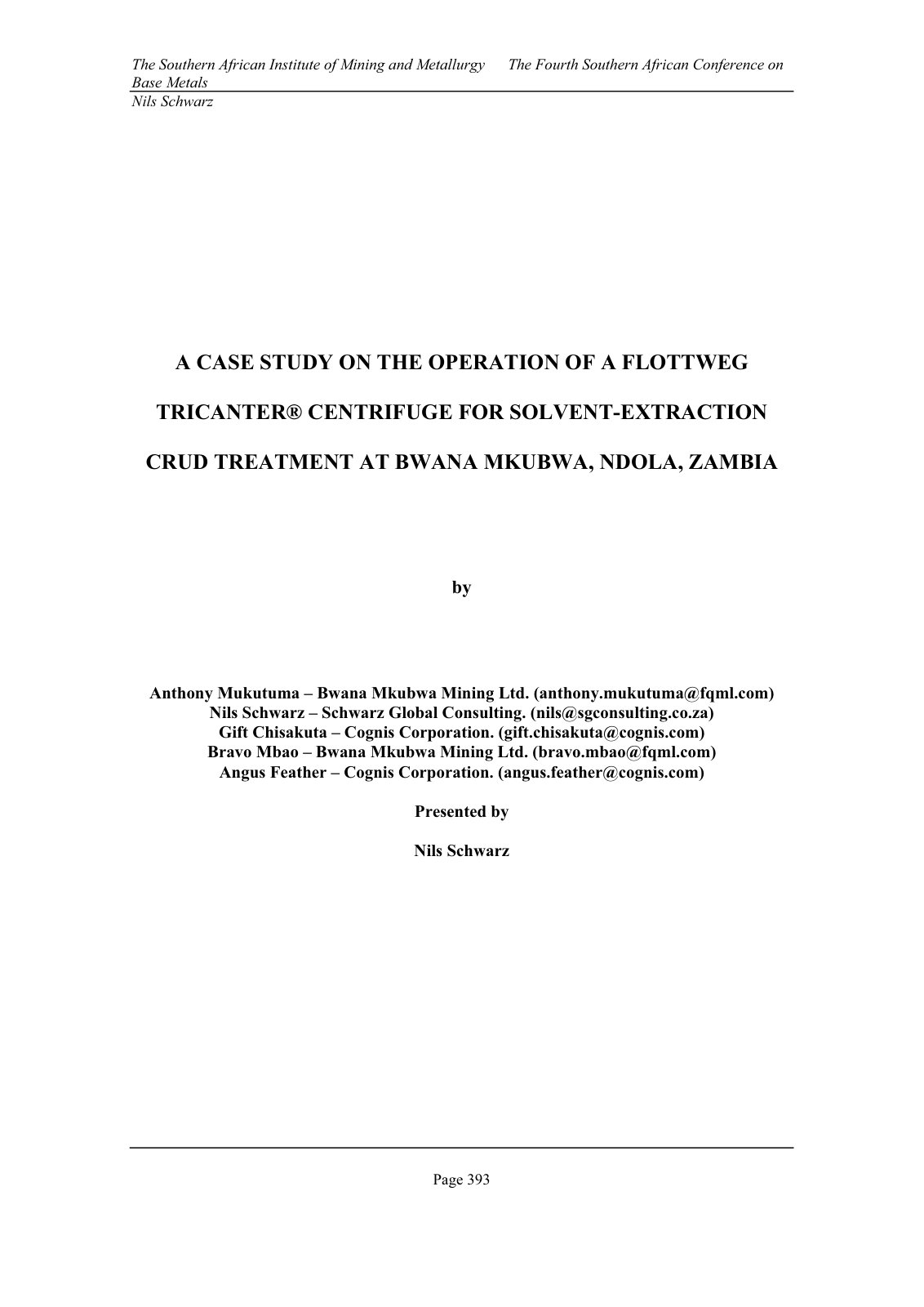 First page of A Case Study on the Operation of a Flottweg Tricanter® Centrifuge for Solvent-Extraction Crud Treatment at Bwana Mkubwa, Ndola, Zambia