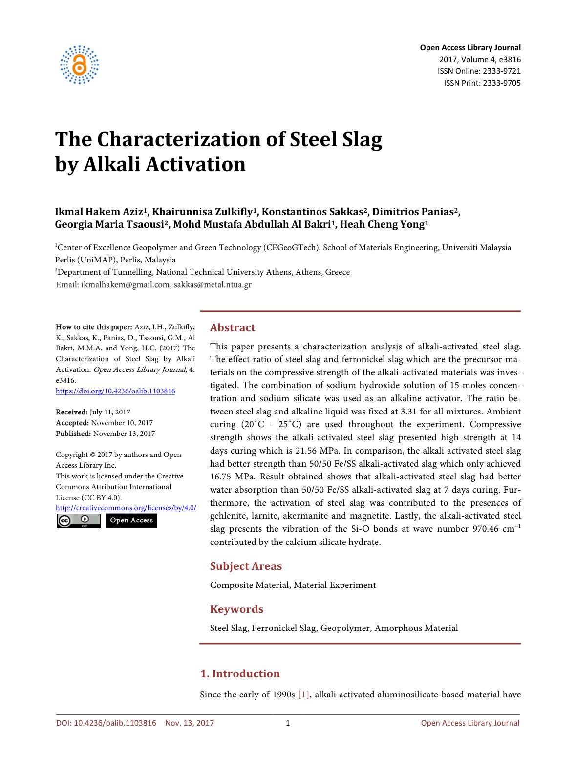 First page of The Characterization of Steel Slag by Alkali Activation