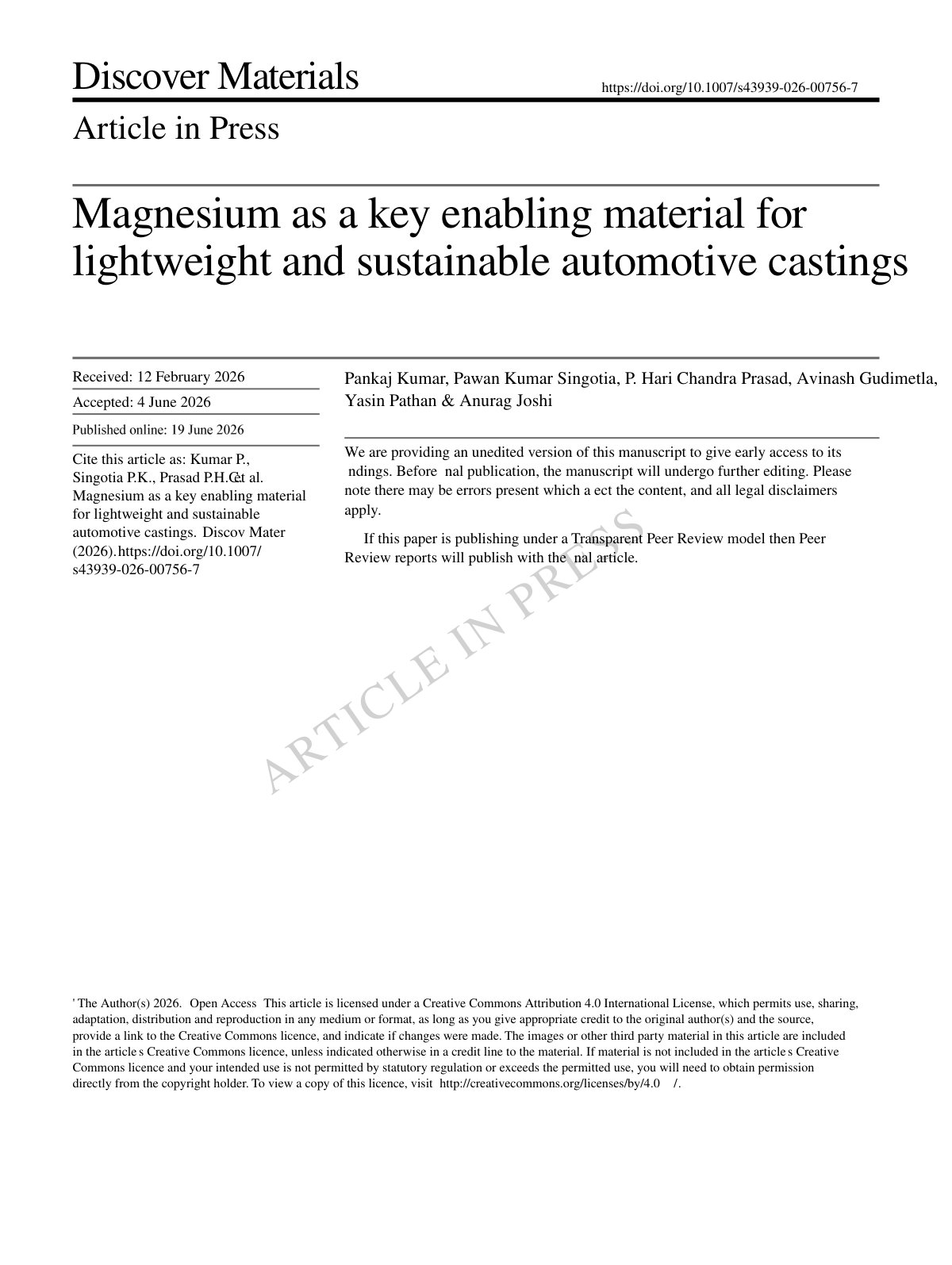 First page of 2026 Kumar Magnesium Automotive Castings Review