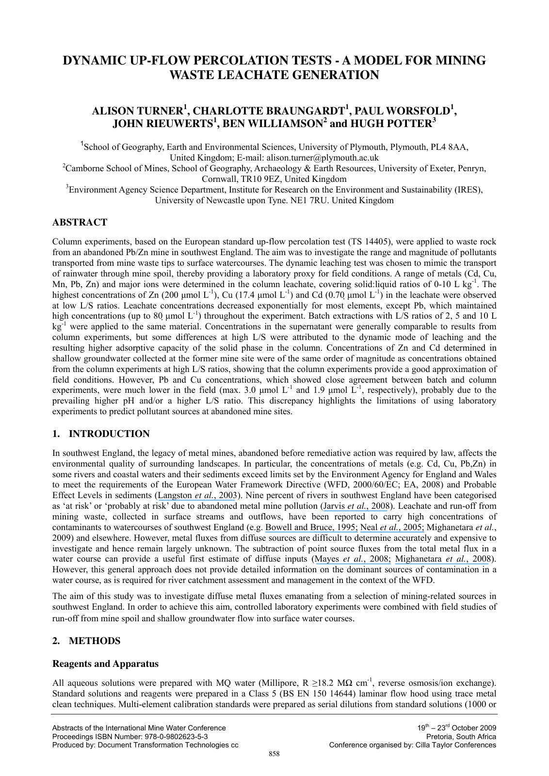 First page of DYNAMIC UP-FLOW PERCOLATION TESTS - A MODEL FOR MINING WASTE LEACHATE GENERATION