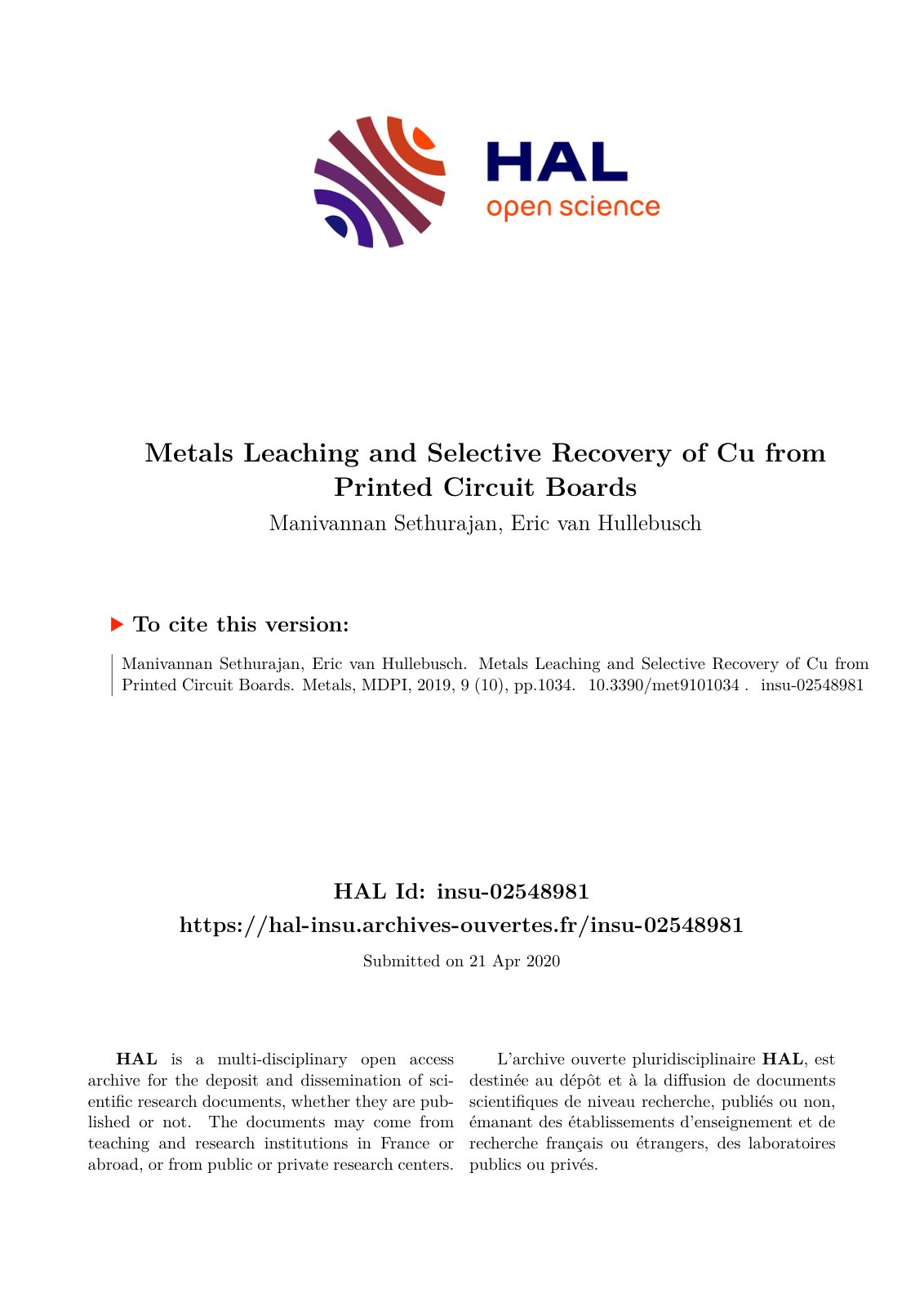 First page of Leaching and Selective Recovery of Cu fr