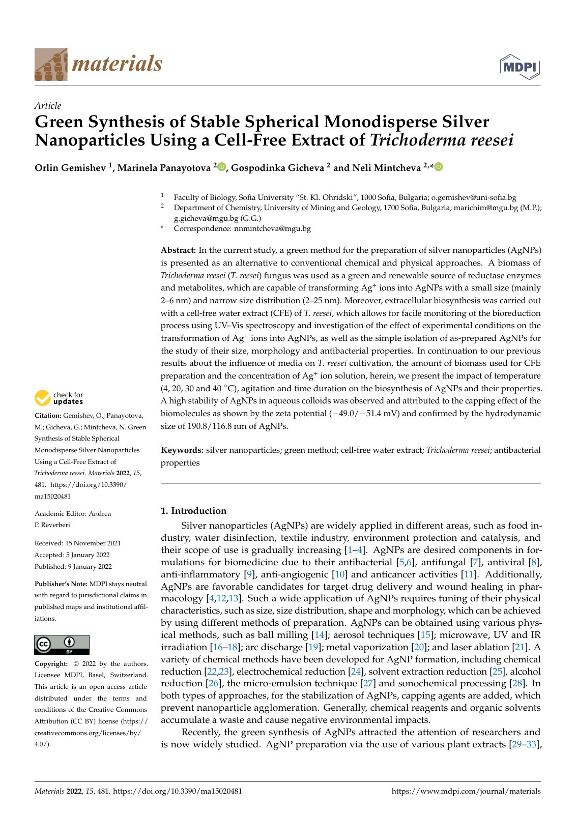 First page of Green Synthesis of Stable Spherical Mono
