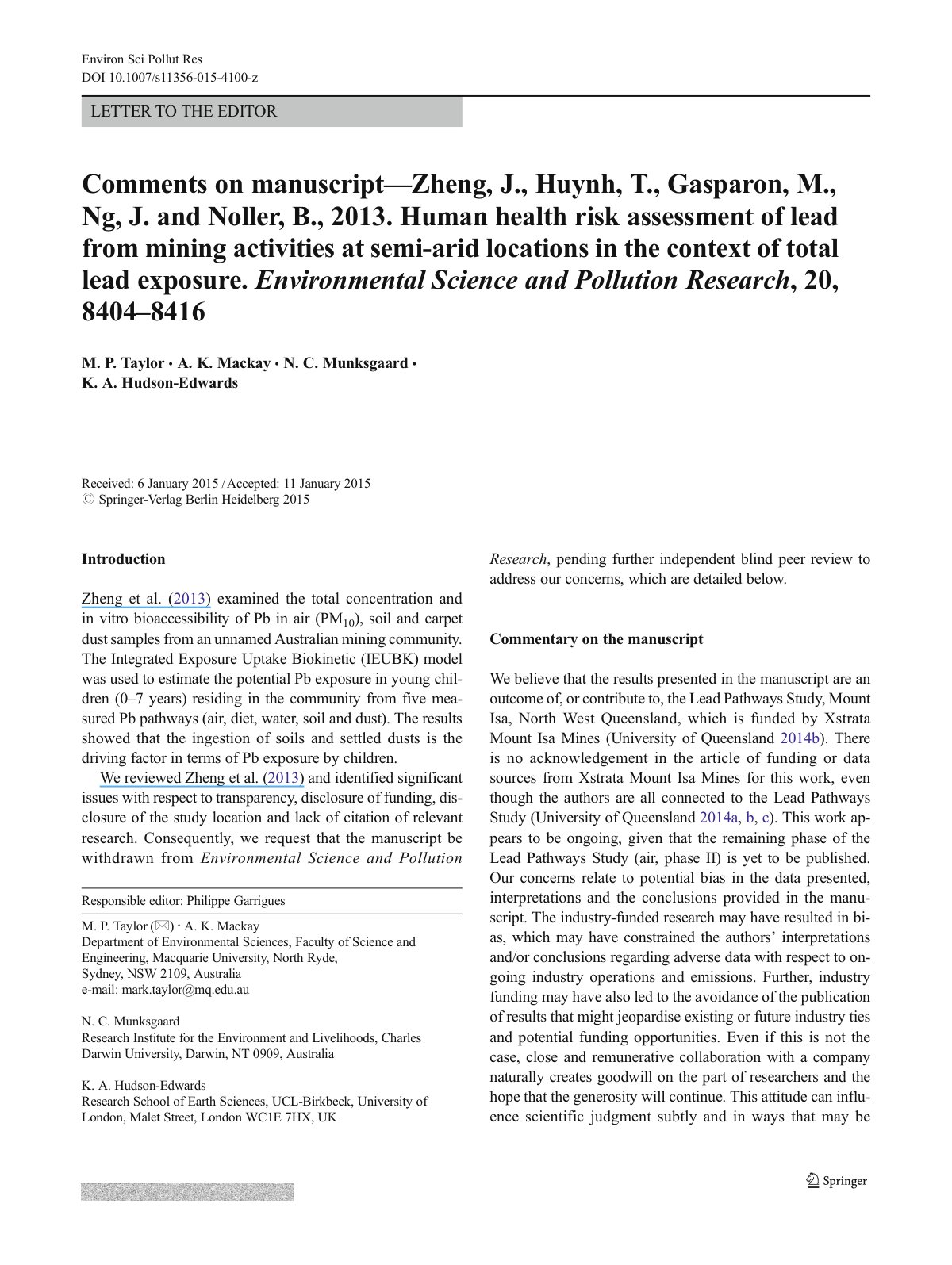 First page of Comments on manuscript— Zheng, J., Huynh, T., Gasparon, M., Ng, J. and Noller, B., 2013. Human health risk assessment of lead from mining activities at semi-arid locations in the context of total lead exposure.