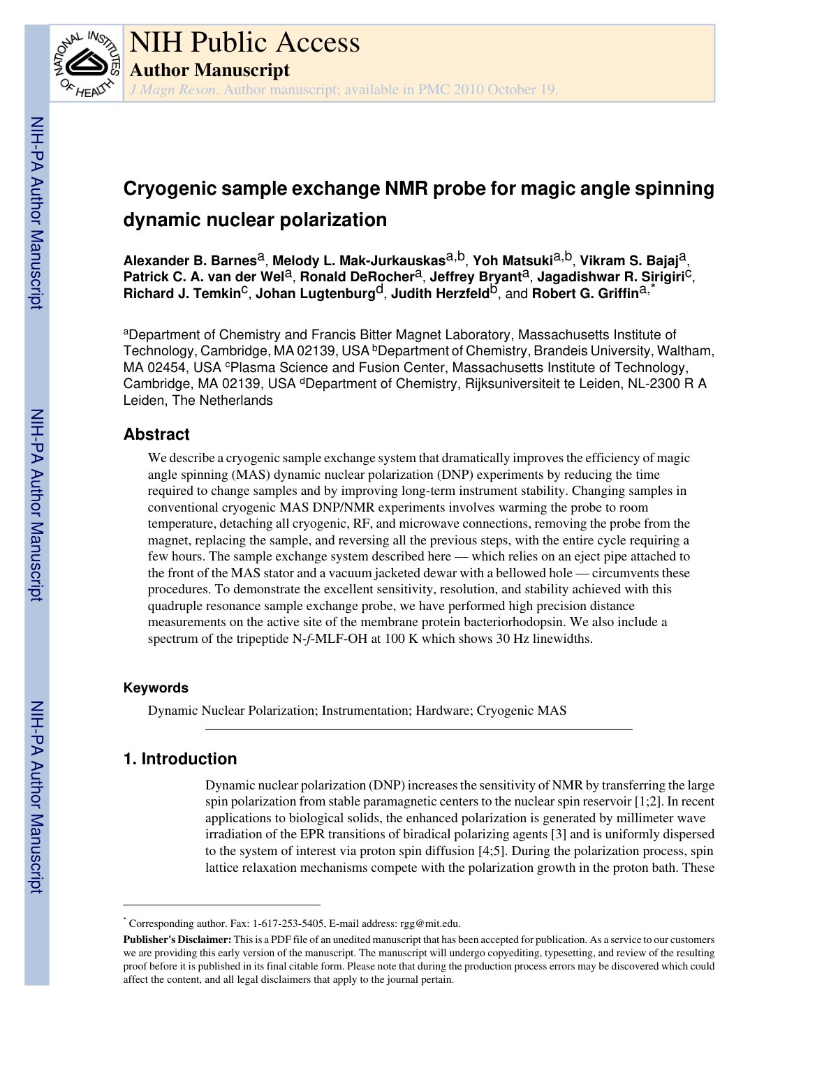 First page of Cryogenic sample exchange NMR probe for