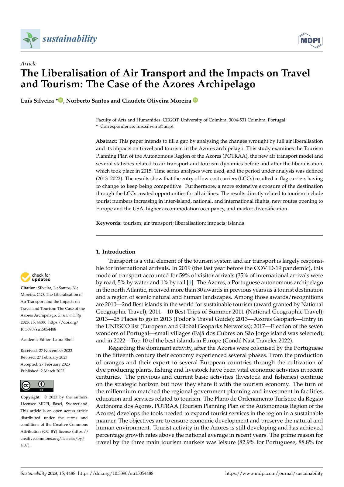 First page of The Liberalisation of Air Transport and the Impacts on Travel and Tourism: The Case of the Azores Archipelago