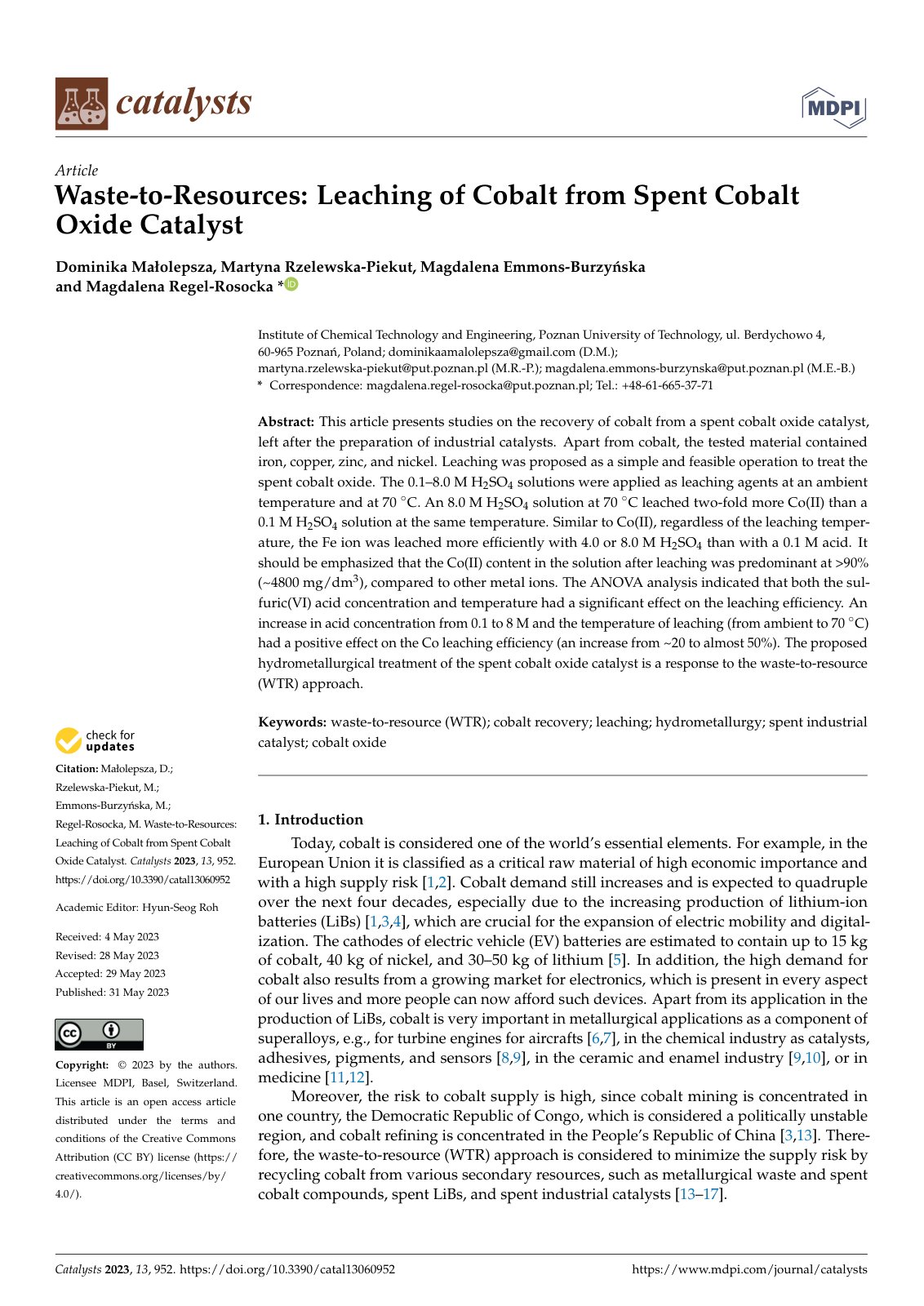 First page of Waste to Resources Leaching of Cobalt fr