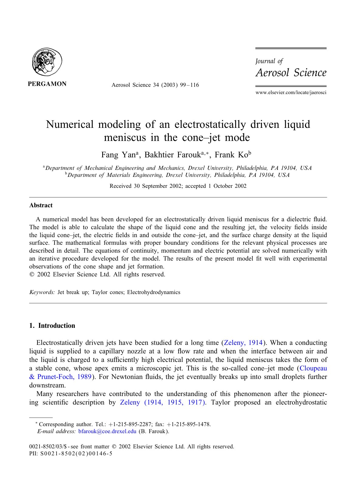 First page of Numerical modeling of an electrostatical